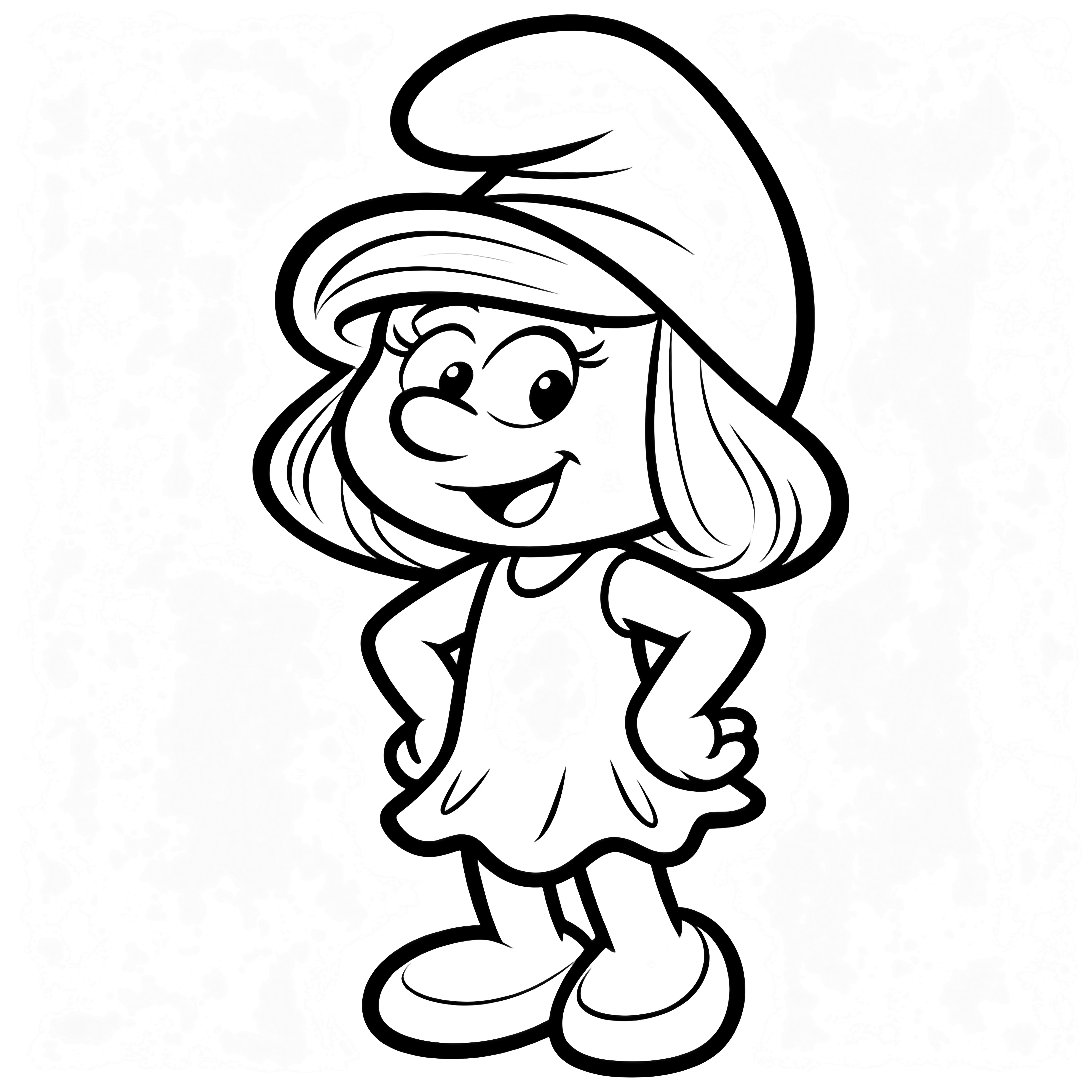 Smurfette stands centered, smiling with hands on hips, wearing her simple dress, hair, and hat. kleurplaat