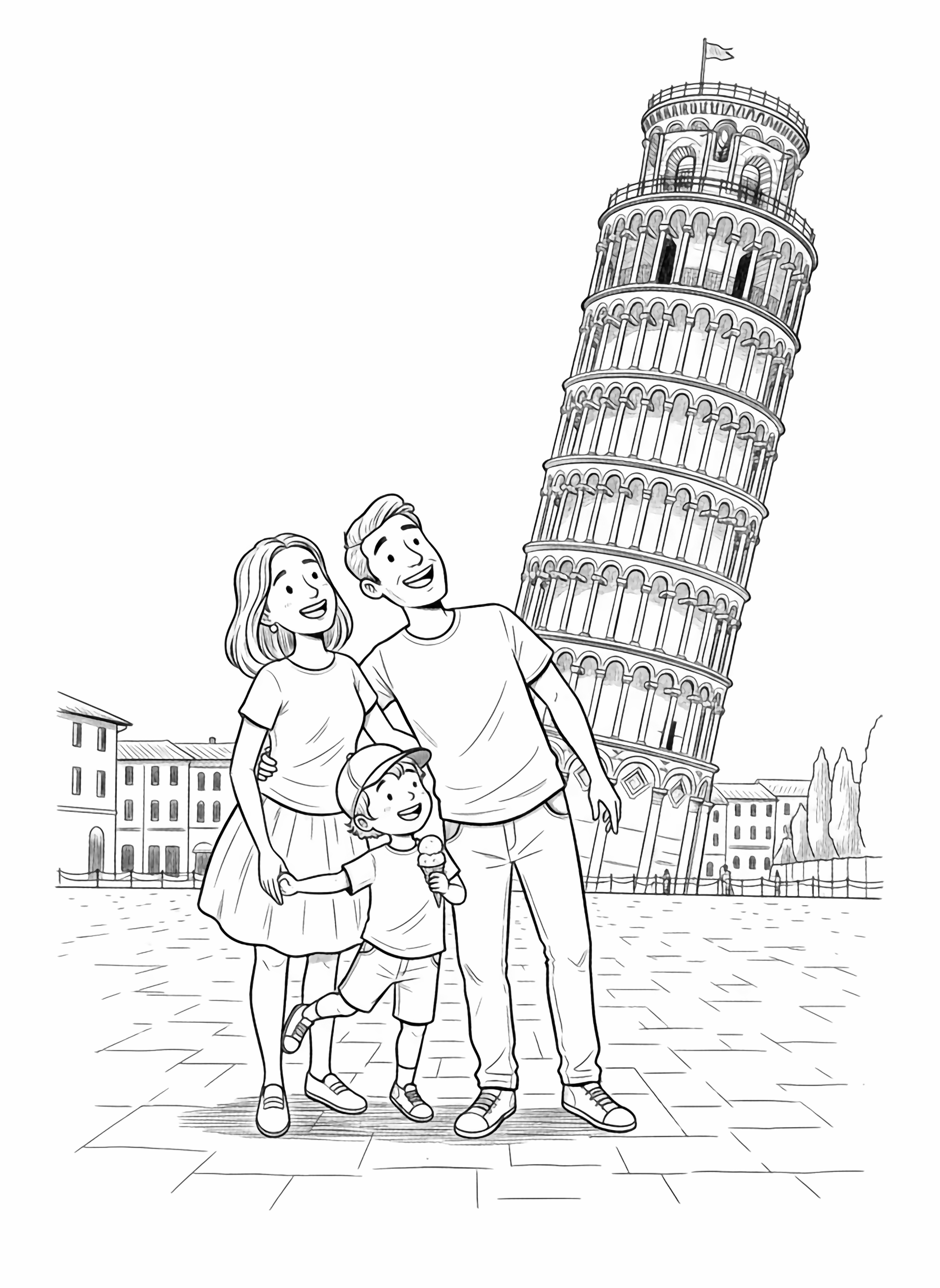 A black and white illustration of a happy family of three standing on a sun drenched Italian piazza The smiling child stands between two joyful parents all three tilting their heads and bodies playfully as they admire the famous Leaning Tower of PISA The child wears a cute cap and holds an ice clean black and white line drawing minimal shading no colour no fill kleurplaat