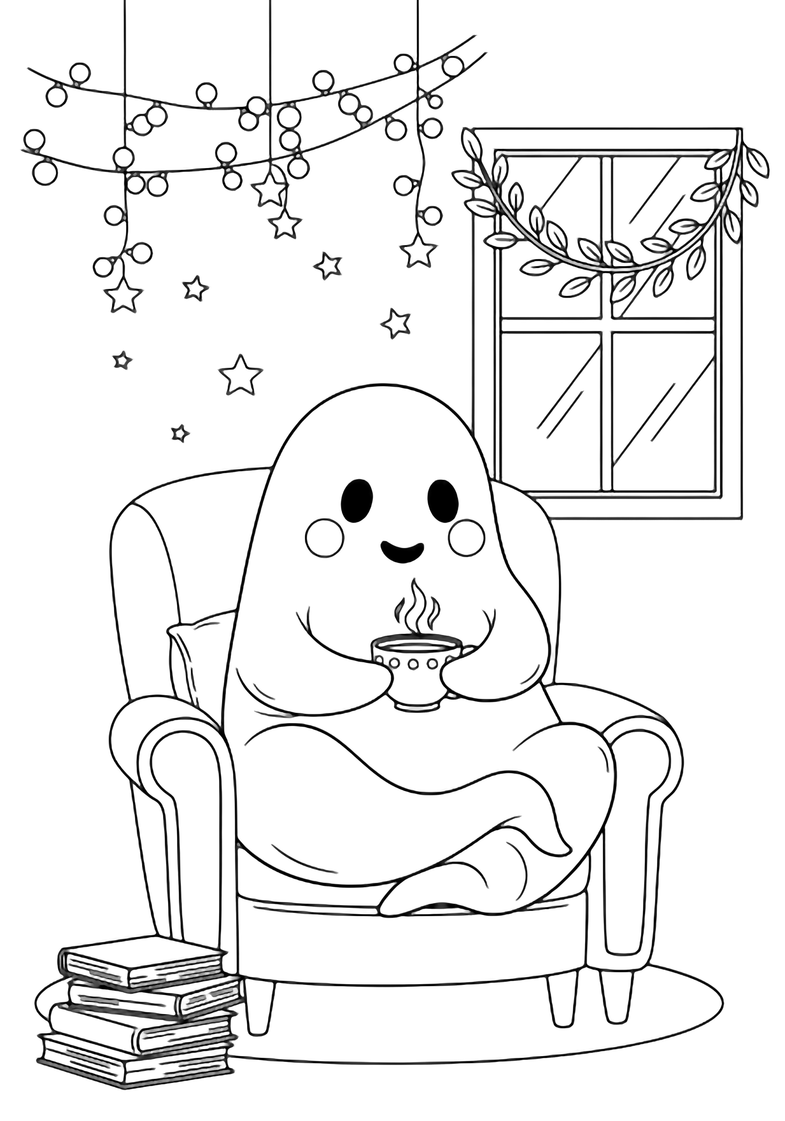 A cheerful plump ghost sits cross-legged on a cushioned chair, cradling a teacup; books stacked beside, tiny stars and fairy-light garlands drift above a leaf-framed window. kleurplaat