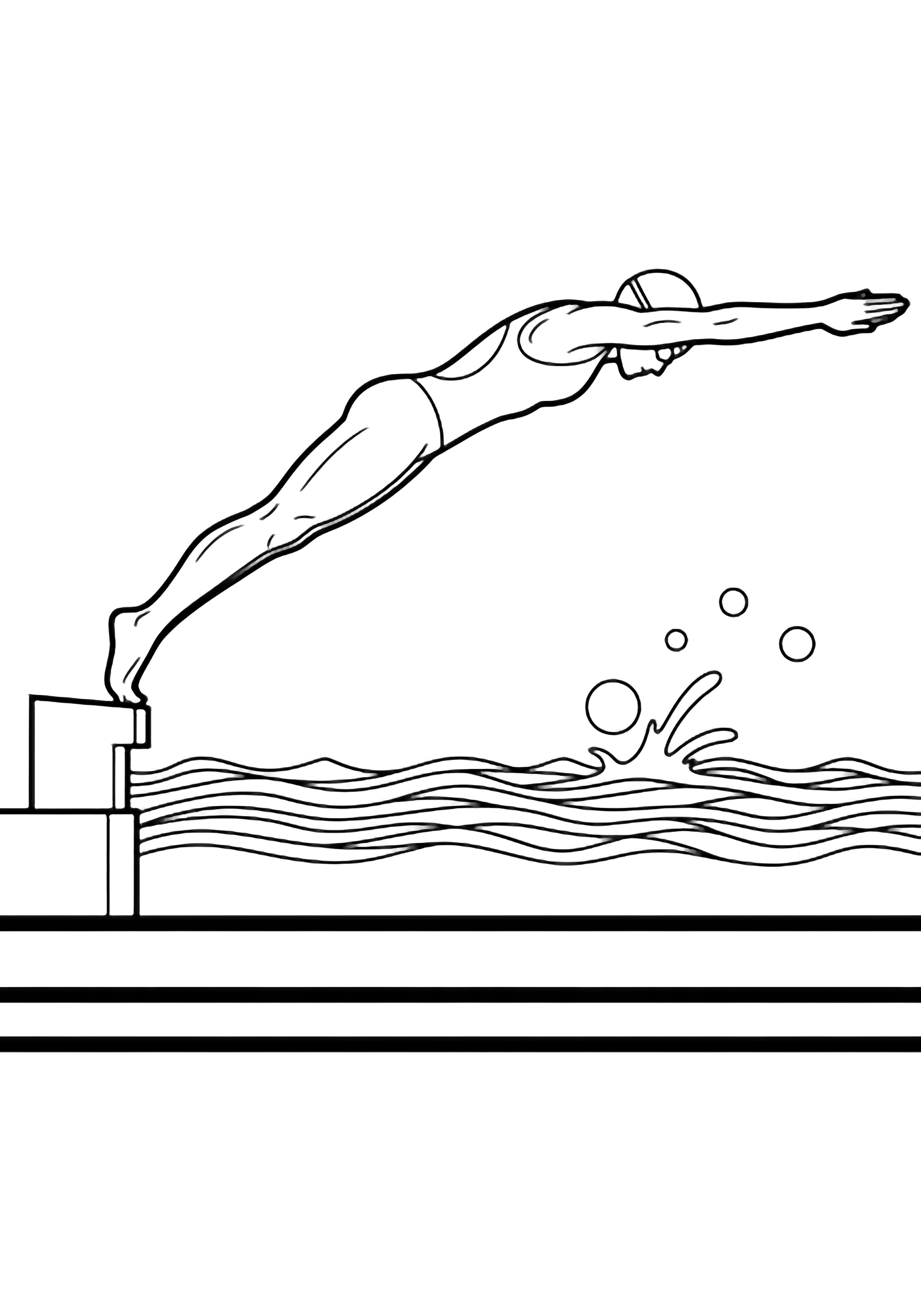 A sleek swimmer in mid-dive, arms forward and toes pointed, launching from a block above rippling water with a few bubbles and a rectangular pool edge. kleurplaat