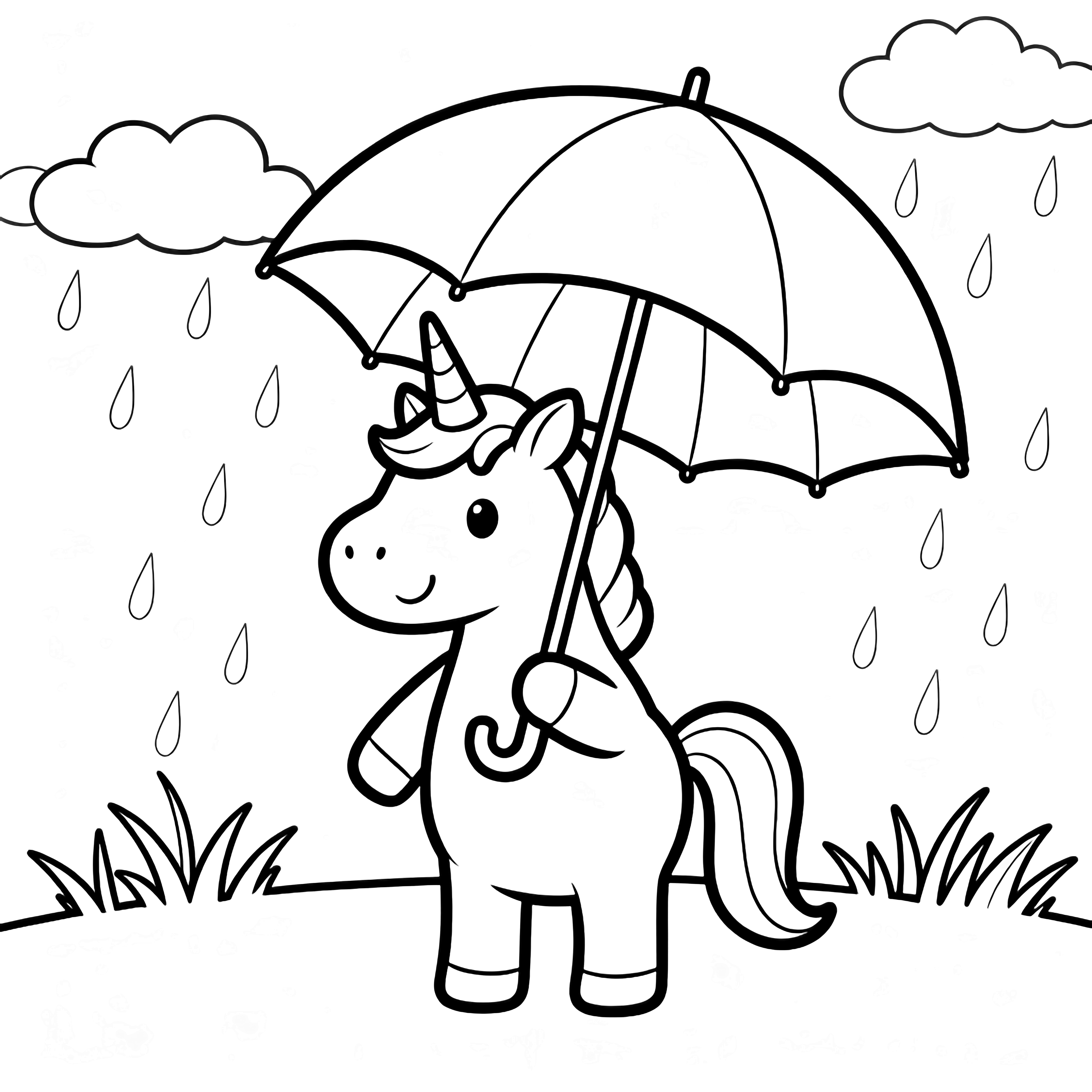 A cheerful unicorn stands upright holding a large umbrella, surrounded by clouds, raindrops and grass. kleurplaat