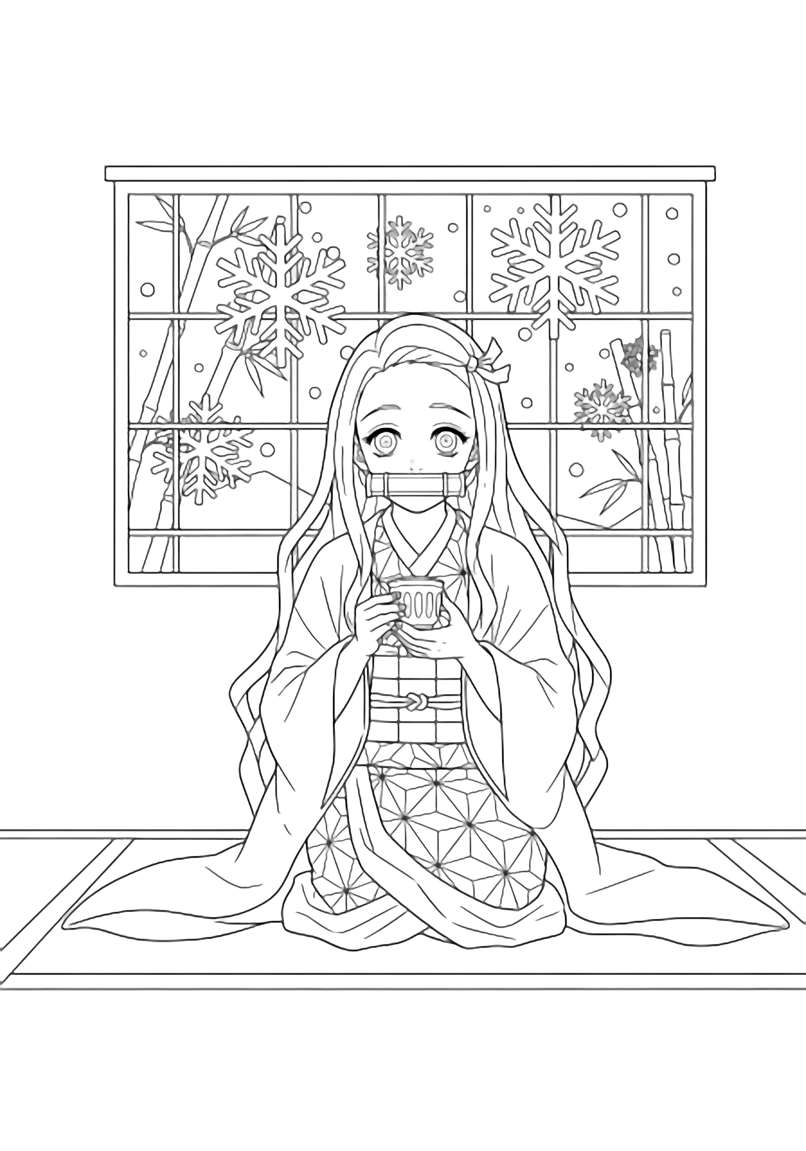 Nezuko kneels on tatami in an open kimono, holding a teacup; paper window behind shows falling snow and a bamboo silhouette. kleurplaat