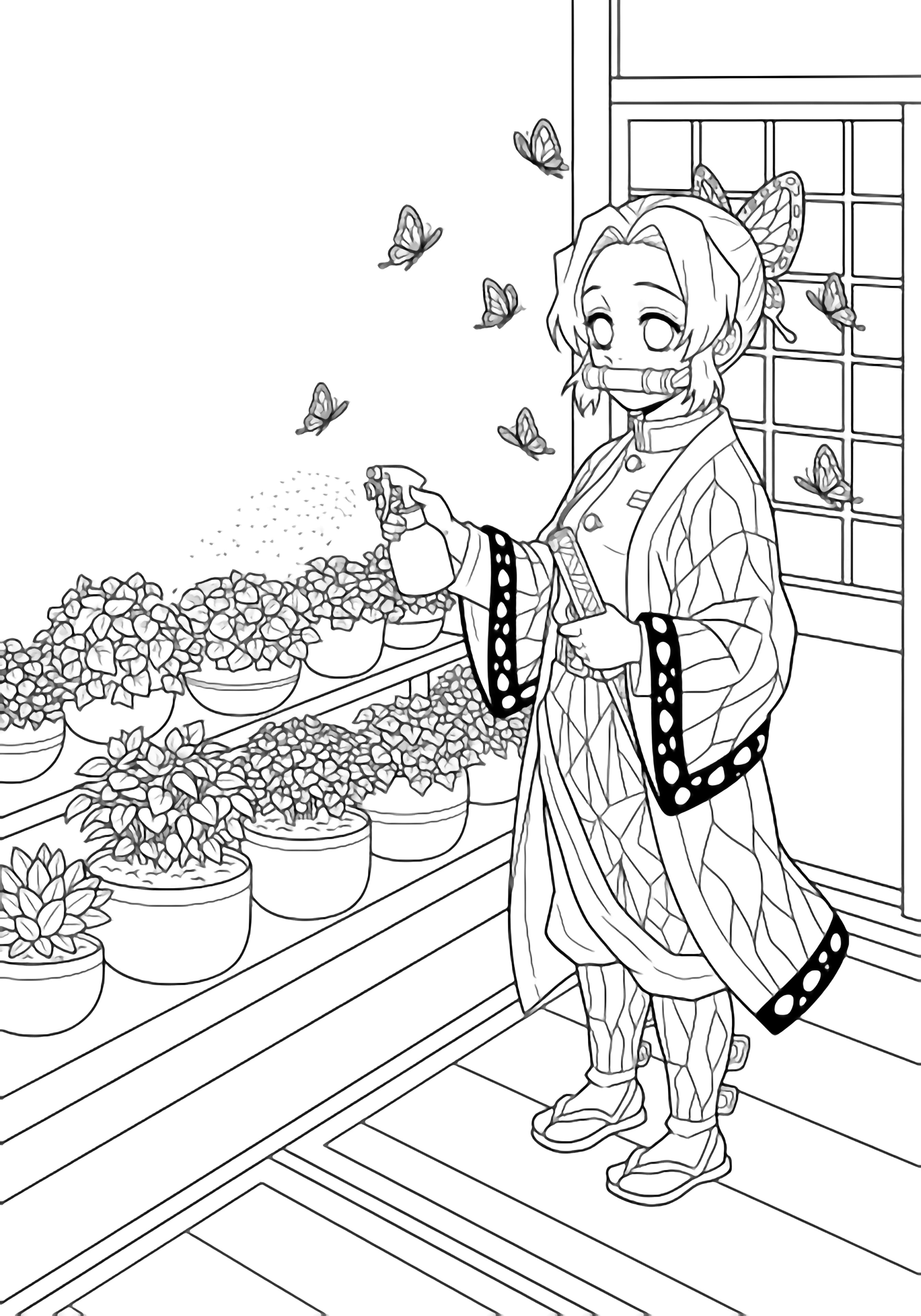 Shinobu stands beside a low shelf of round pots, misting leaves; butterflies flutter around her hair; tatami floor, shoji screen, and wood-frame window behind. kleurplaat