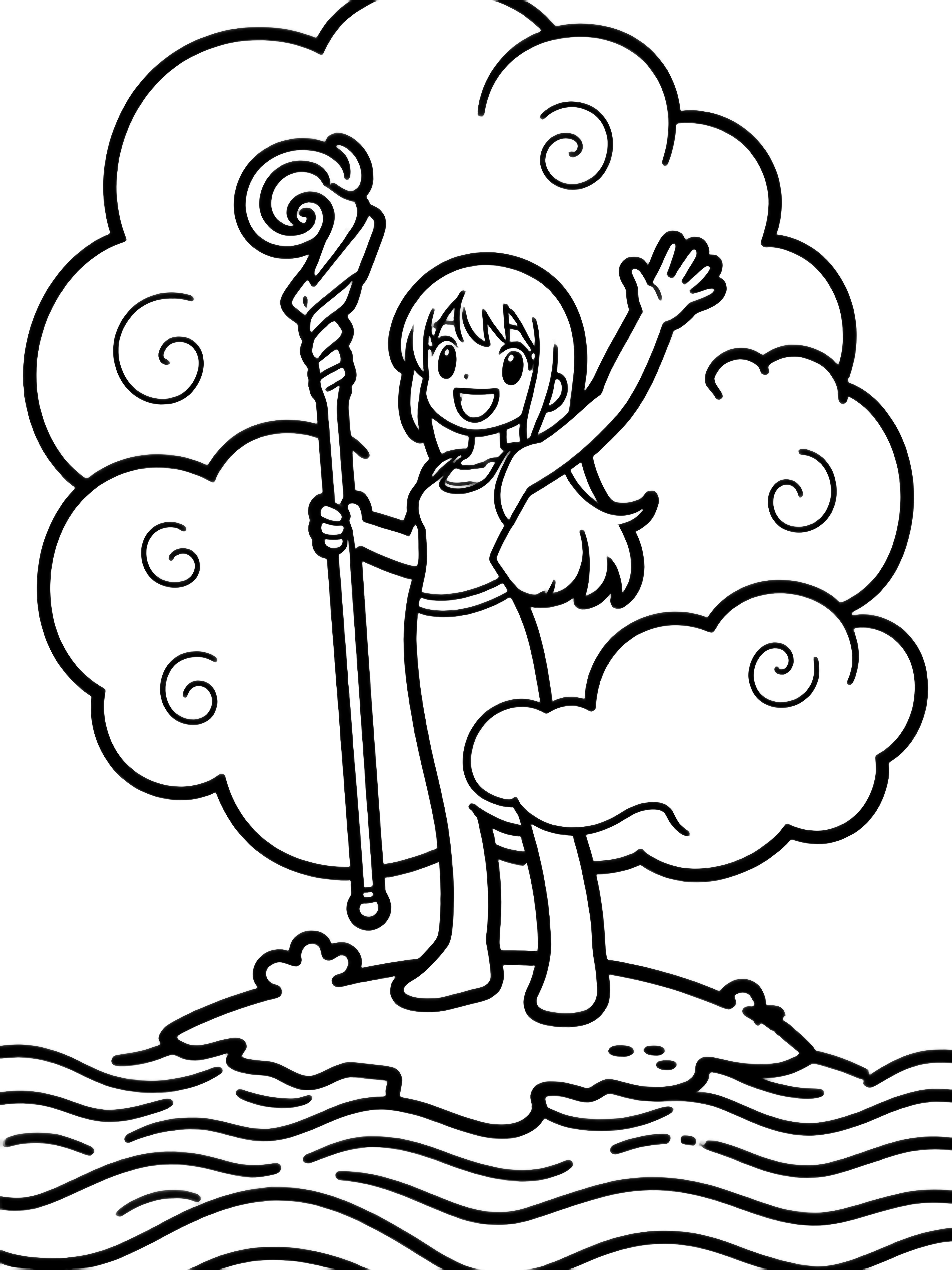 Nami waves cheerfully, gripping her long staff, as fluffy clouds spiral above gentle waves beside a tiny island. kleurplaat