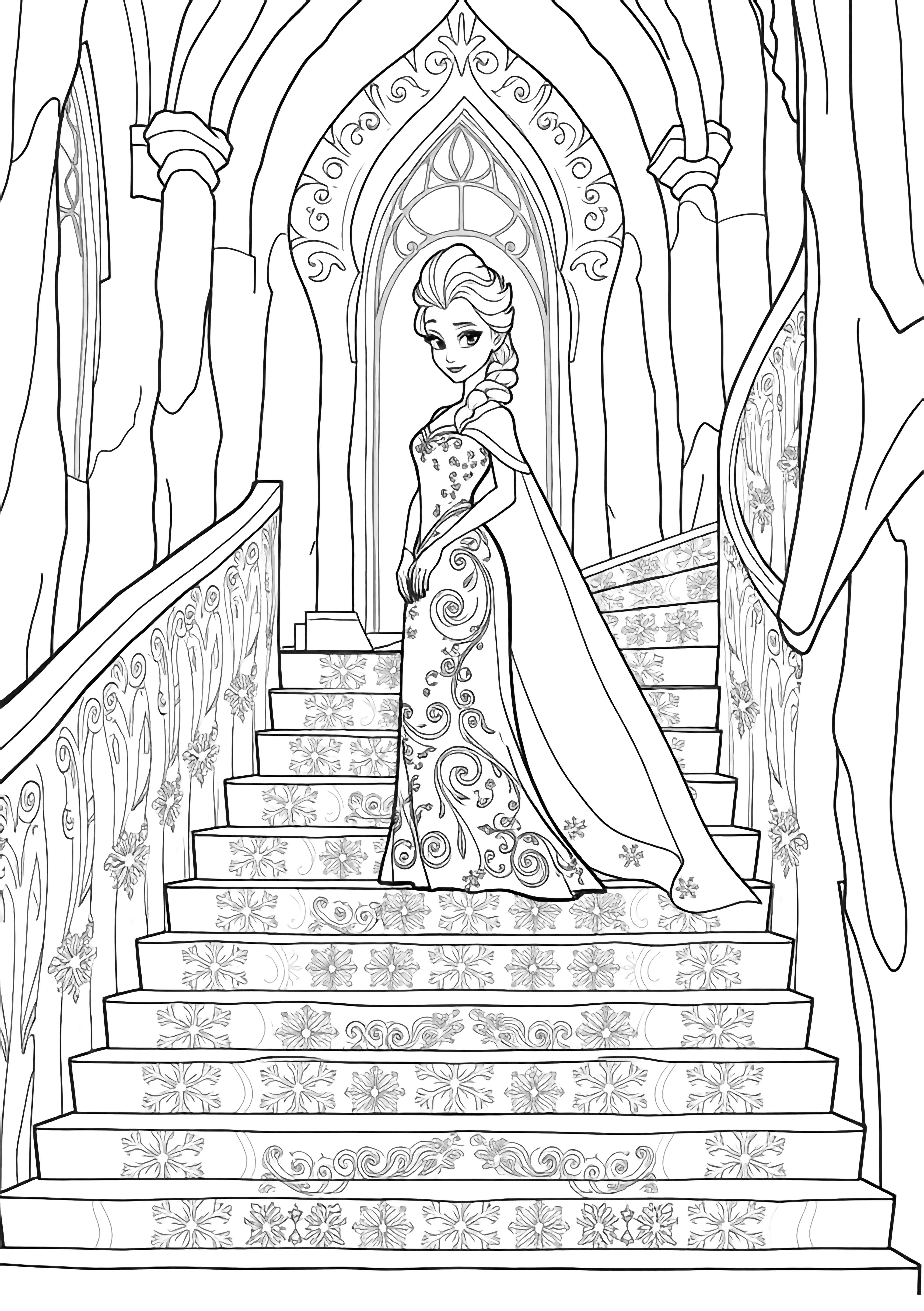 A black and white page of Queen Elsa in her sparkling ice palace Elsa stands gracefully on a grand staircase made of crystalline ice steps each one carved with intricate snowflake patterns She wears her elegant dress with flowing cape both decorated with detailed frost designs and swirling patterns The palace walls around her clean black and white line drawing minimal shading no colour no fill kleurplaat