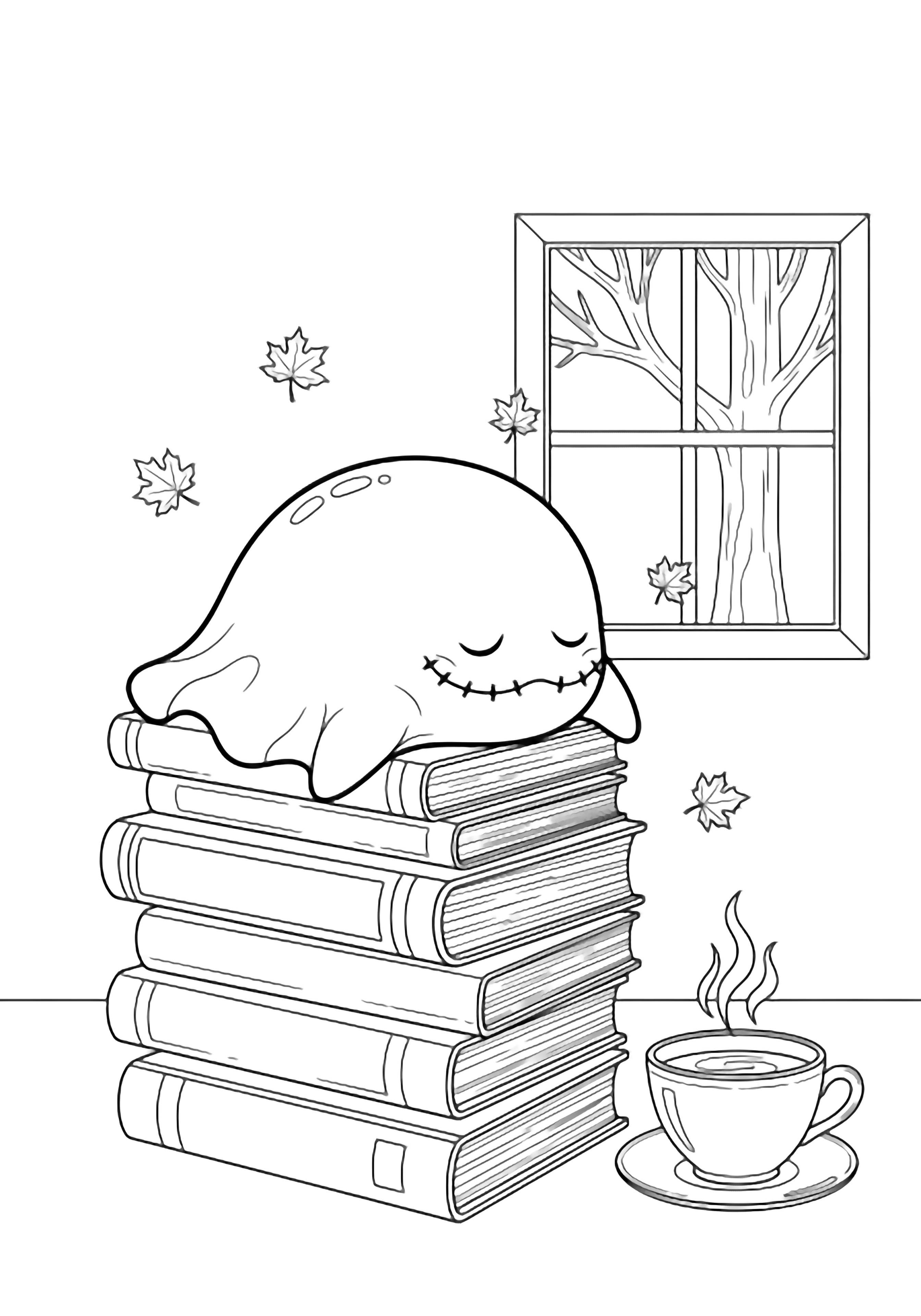 A chubby ghost with dot eyes and stitched smile naps on a tall stack of books; a steaming teacup sits nearby while tiny maple leaves drift past a window and bare tree. kleurplaat
