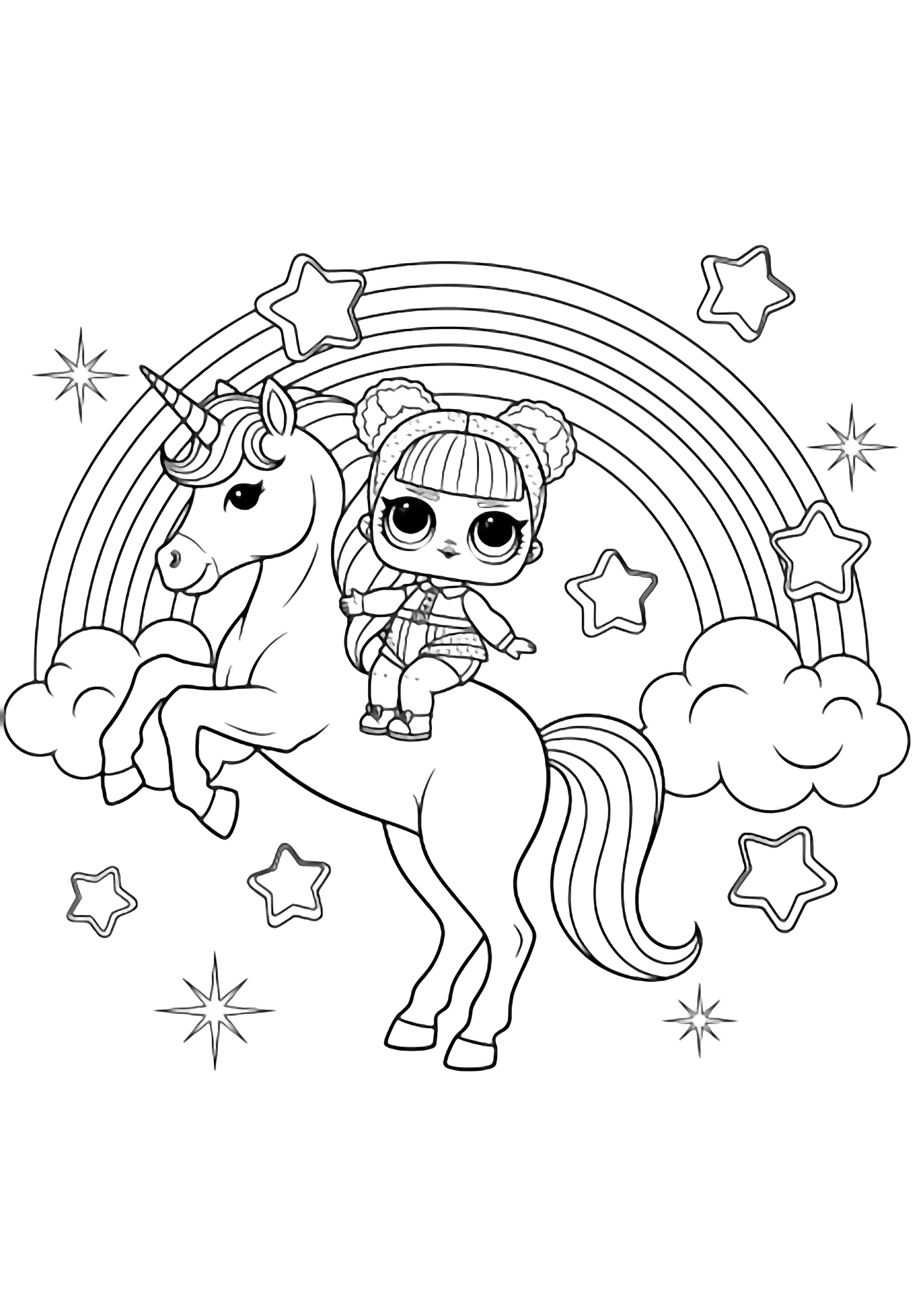 illustration on a Big eyed LOL Surprise doll sitting proudly on a rearing unicorn simple curved rainbow sweeping behind puffy clouds below scattered chunky stars and star bursts all in clean bold outlines ready to color clean black kleurplaat