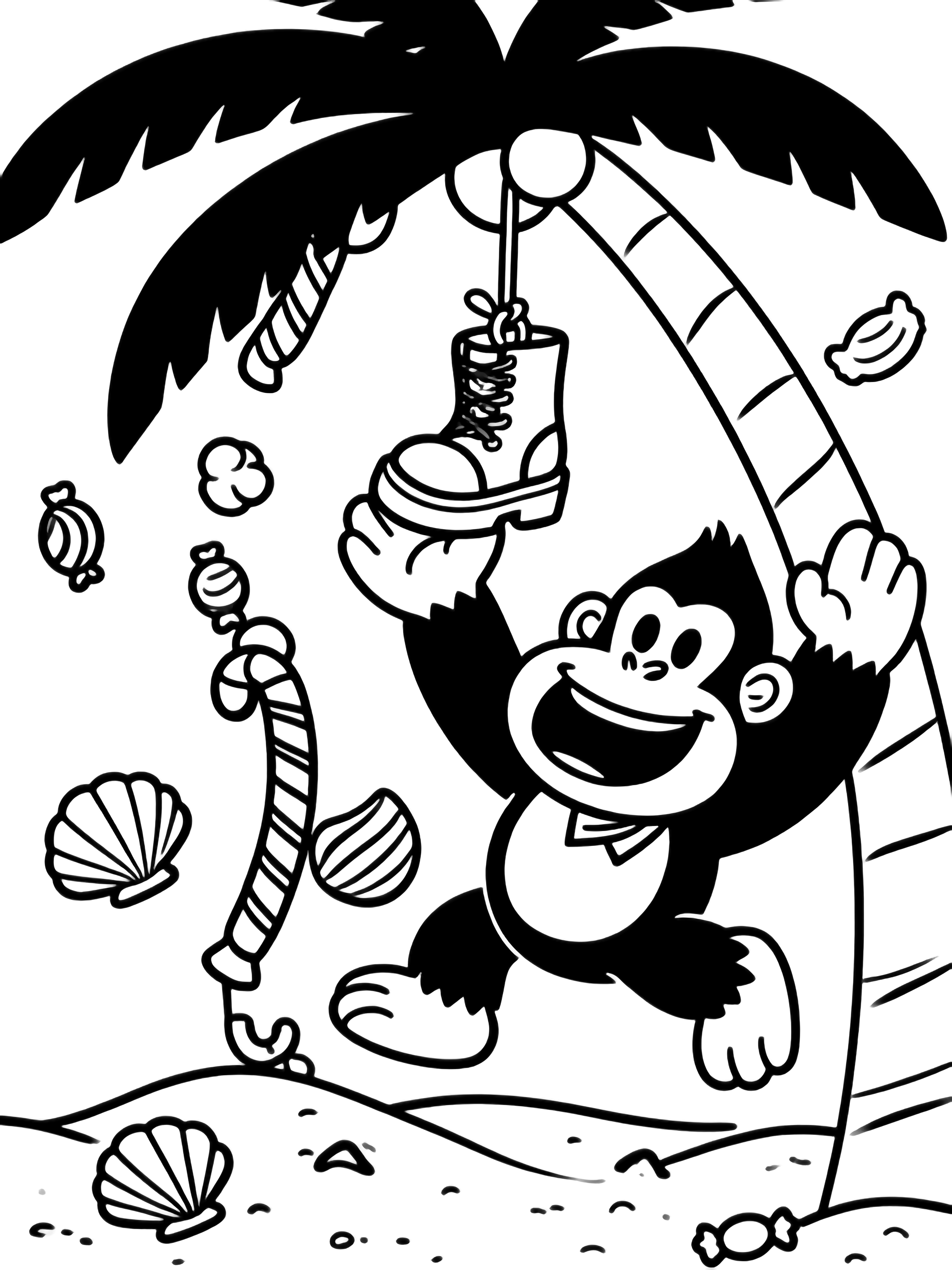 Donkey Kong hangs a boot ornament while Diddy Kong strings candy on a curved palm, sand shells and falling sweets around them. kleurplaat