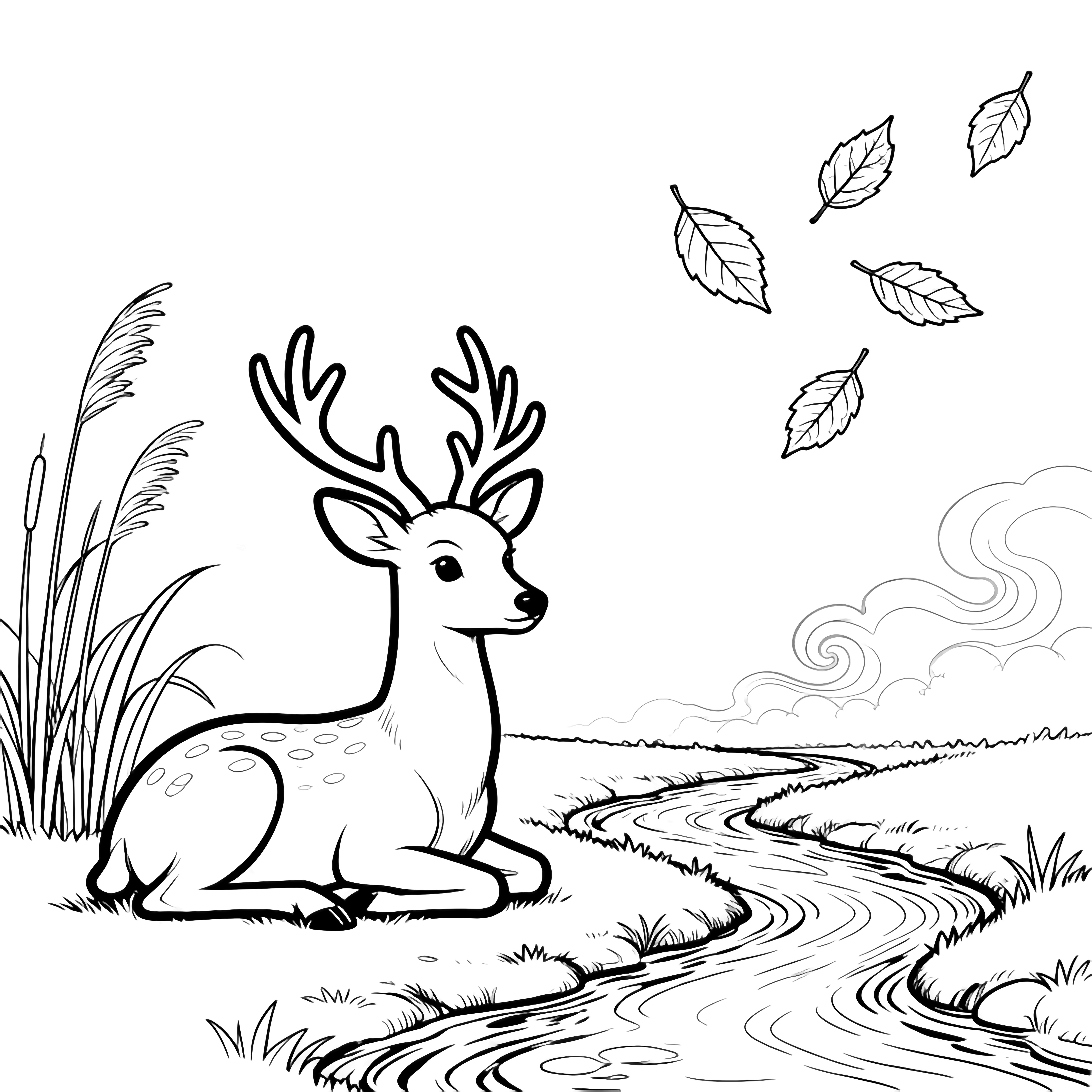 A gentle deer sits alert beside a winding stream, drifting mist curls around reeds and five falling leaves float above blank forest ground and sky. kleurplaat
