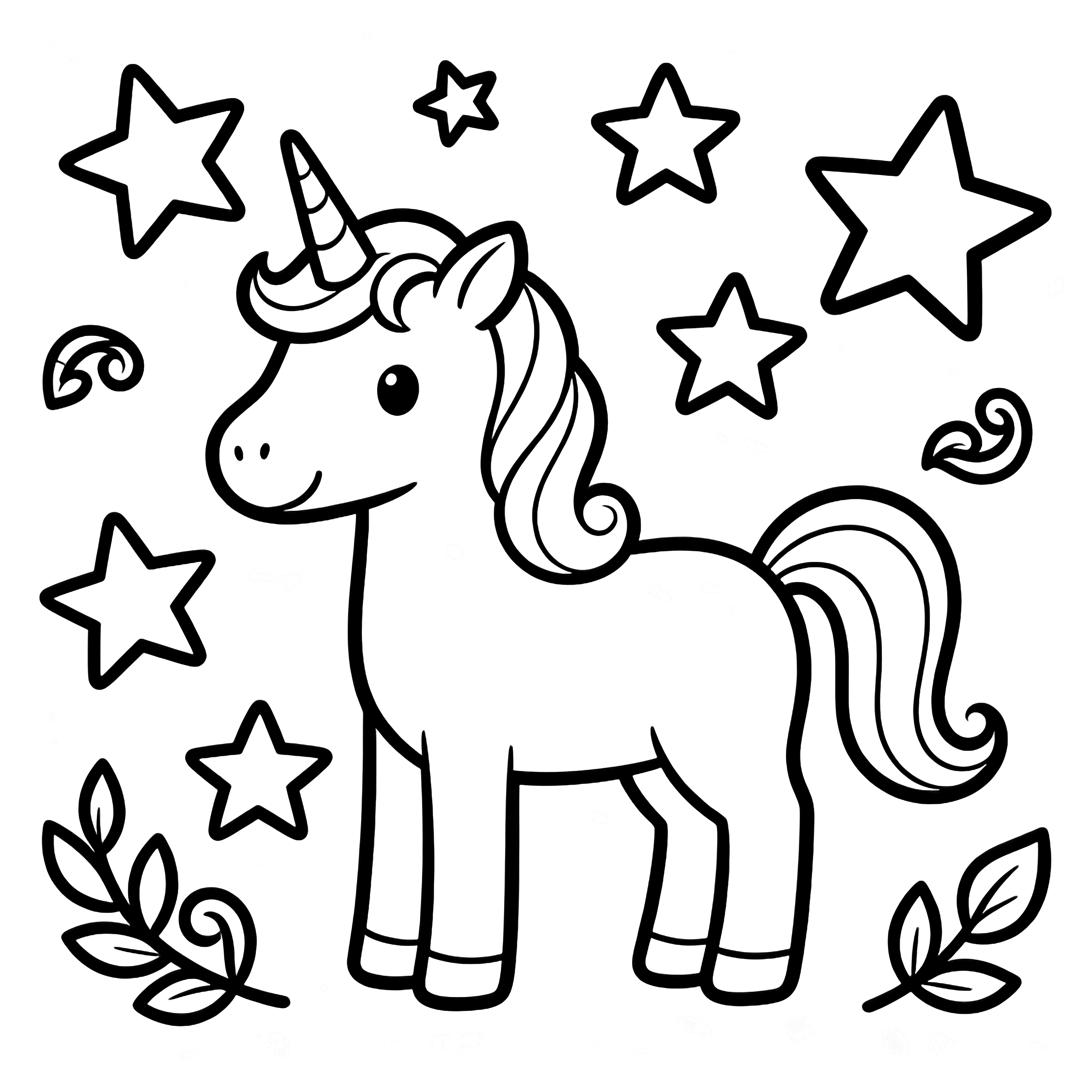 A smiling unicorn with flowing mane and tail, surrounded by drifting five-point stars and curled leaves. kleurplaat