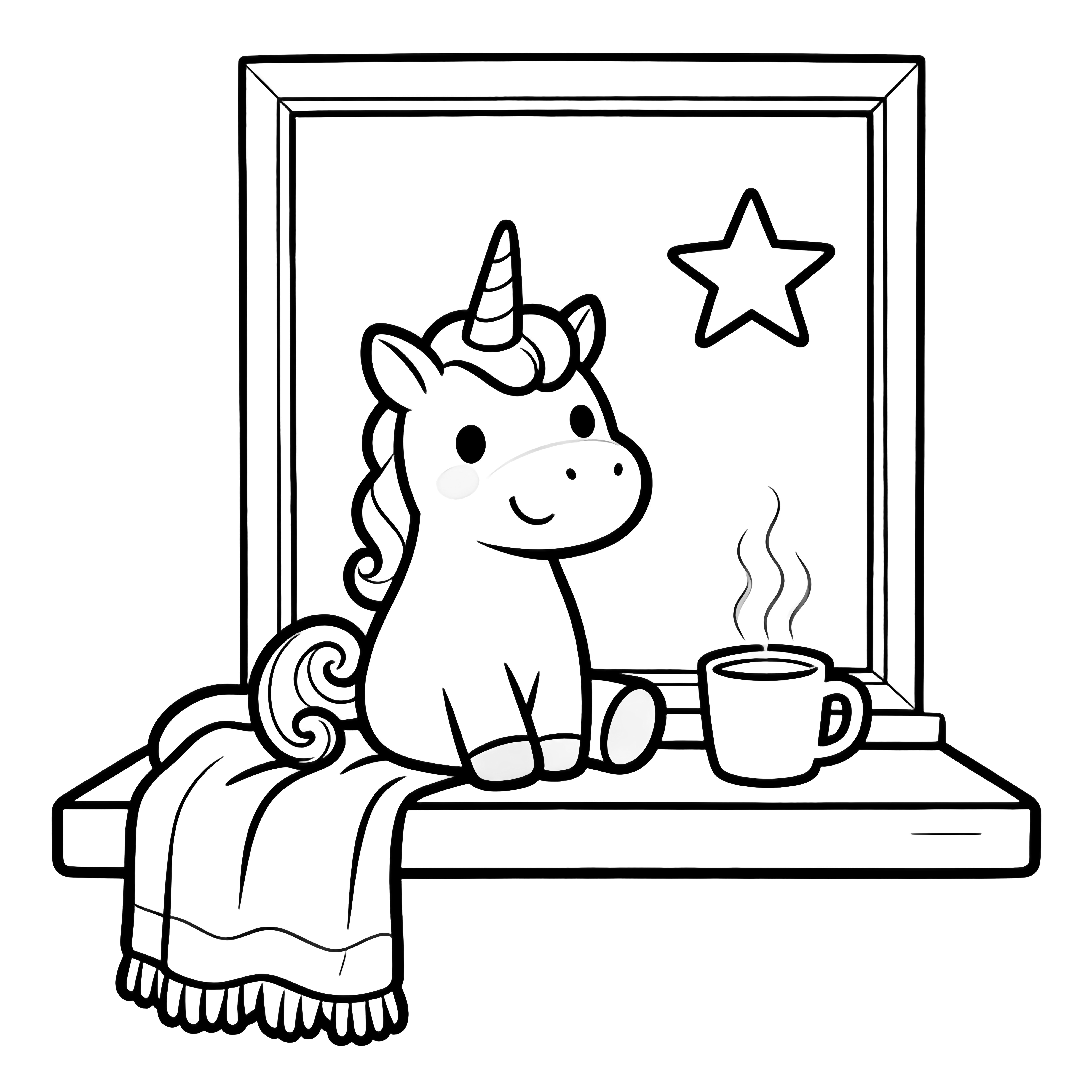 A happy unicorn with curled tail sits on a deep sill bench, a steaming mug and draped blanket beside it, a square window with simple star behind. kleurplaat