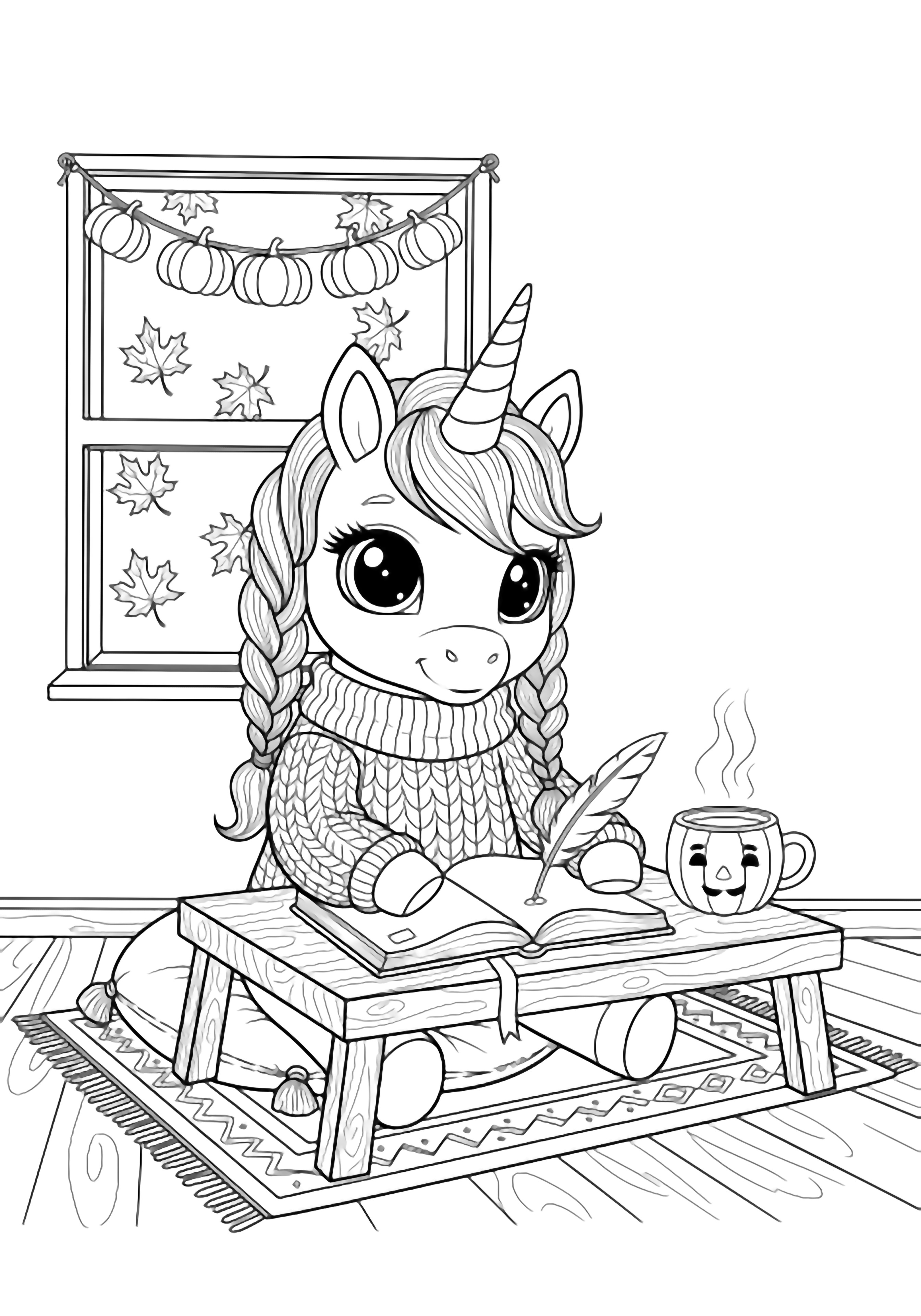 Big-eyed unicorn in chunky sweater and braids sits at low desk writing in diary; pumpkin mug, garland, maple leaves outside window, rug on floorboards. kleurplaat