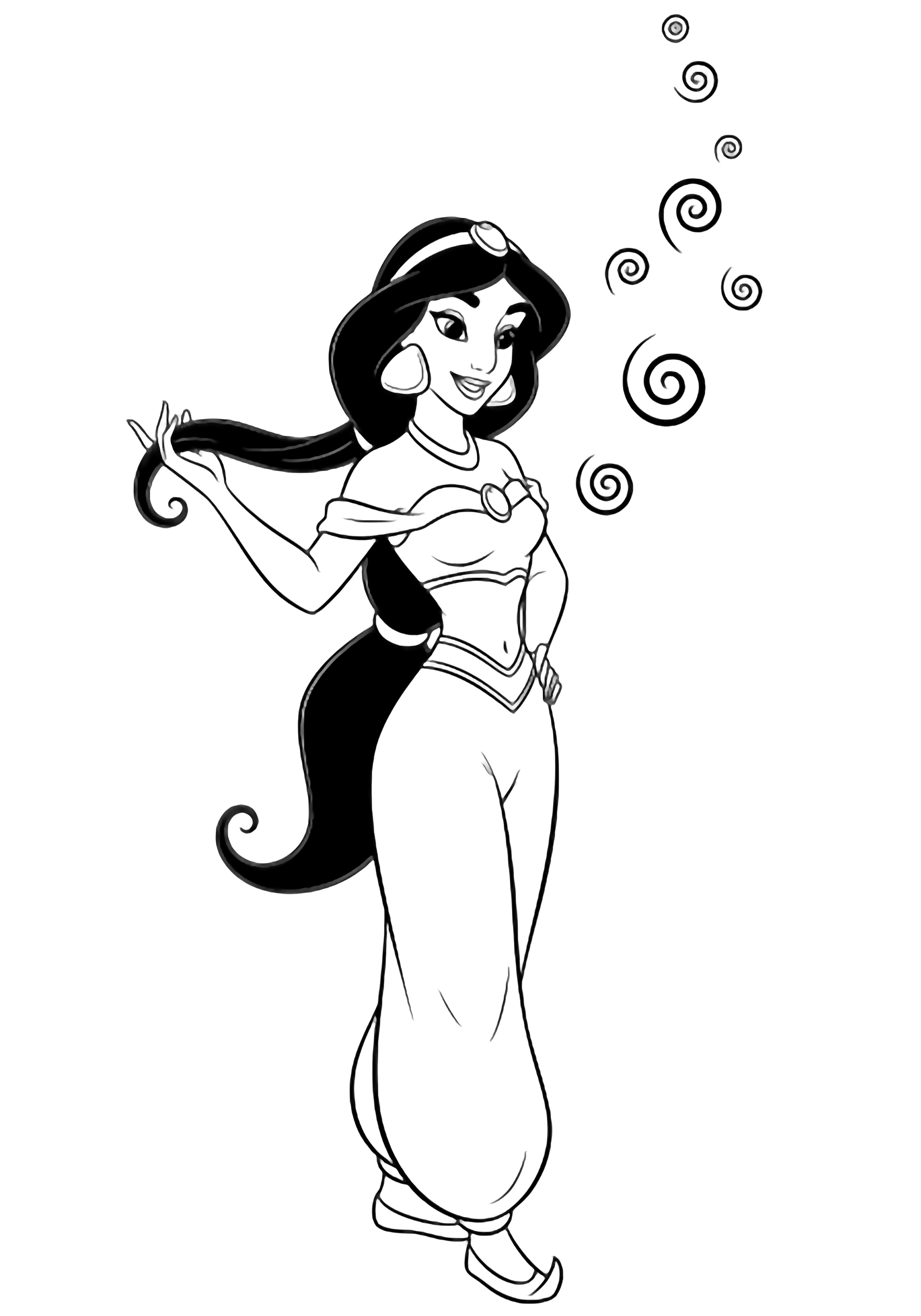 Jasmine, smiling, lifts her long hair into a wave; swirling curls drift behind her like smoke. kleurplaat
