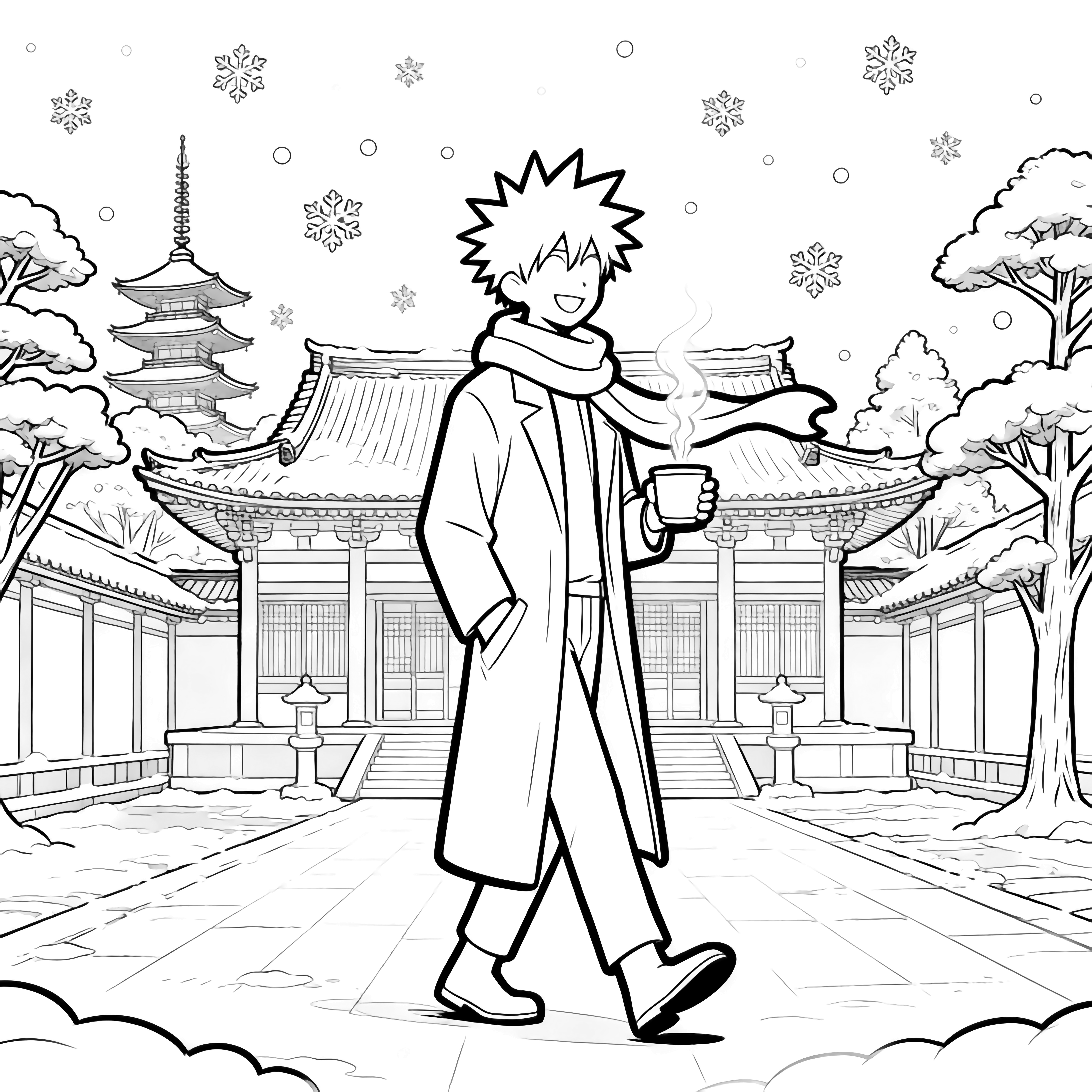 Tall spiky-haired figure in long coat strides through temple courtyard, scarf flowing, cup in hand, snowflakes drifting among trees and pagoda. kleurplaat
