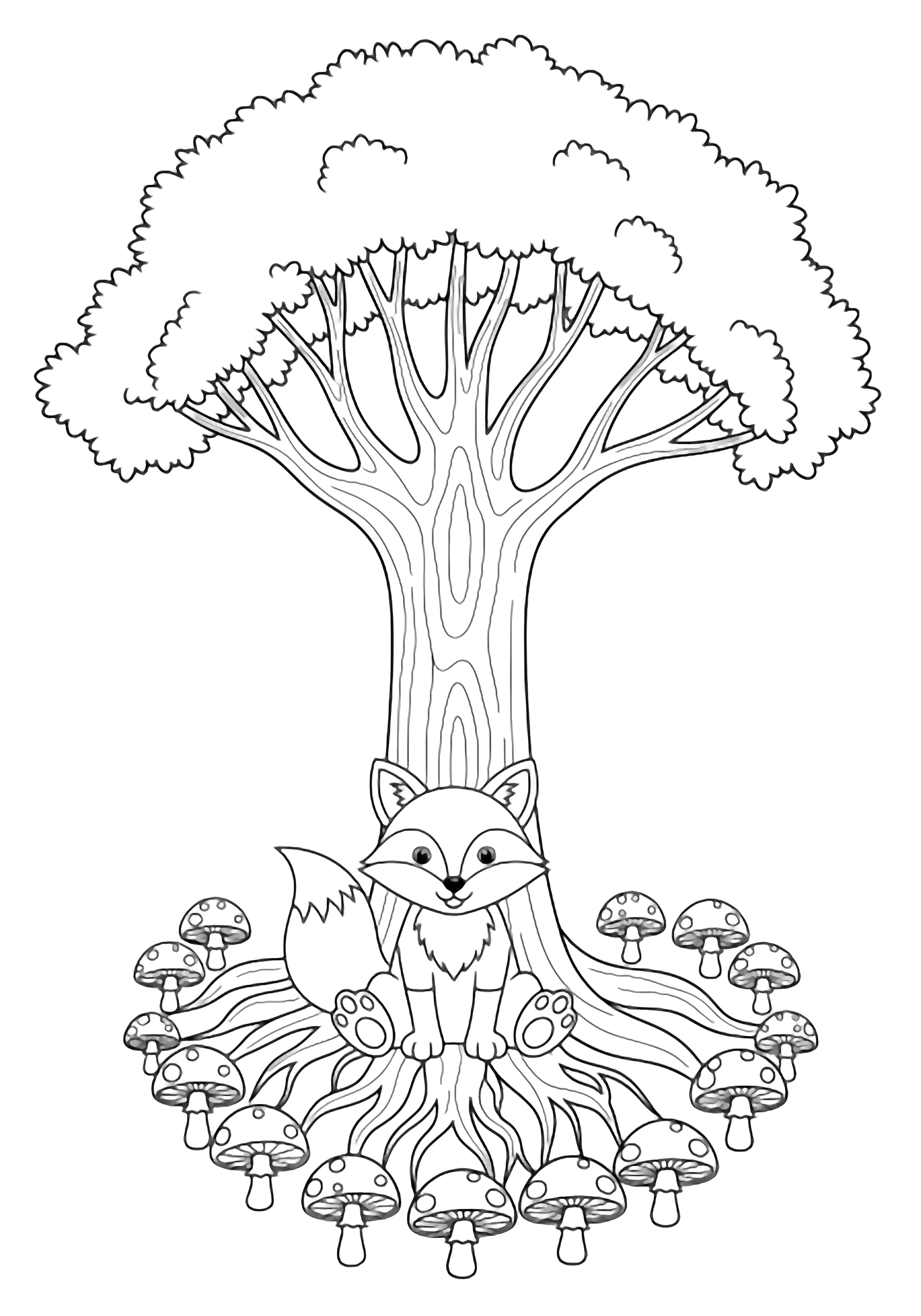A cheerful fox sits under a broad-canopied tree, encircled by a neat ring of small mushrooms growing from the roots. kleurplaat