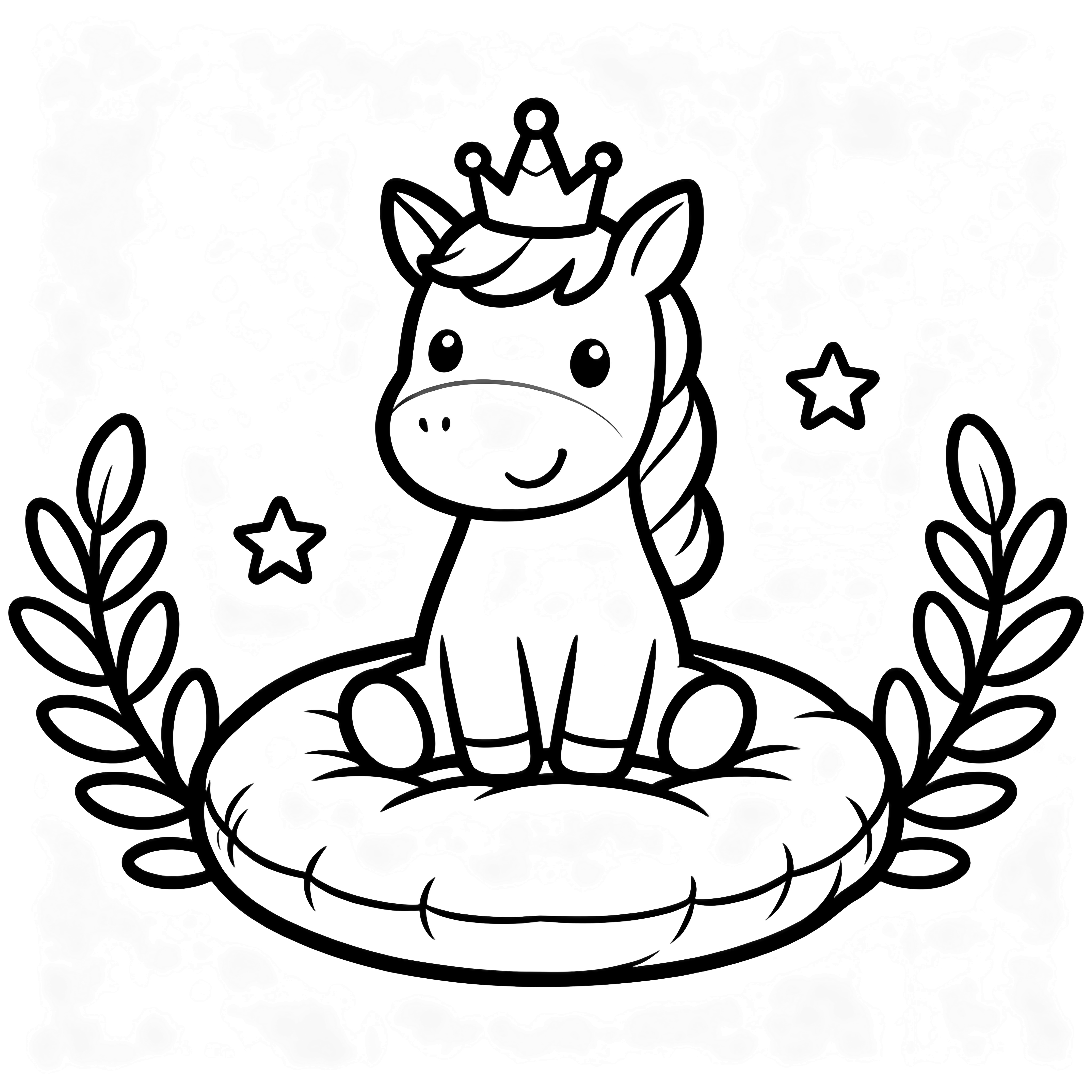 A smiling unicorn with a tiny crown sits on a round cushion, encircled by simple oval leaves and two small stars. kleurplaat