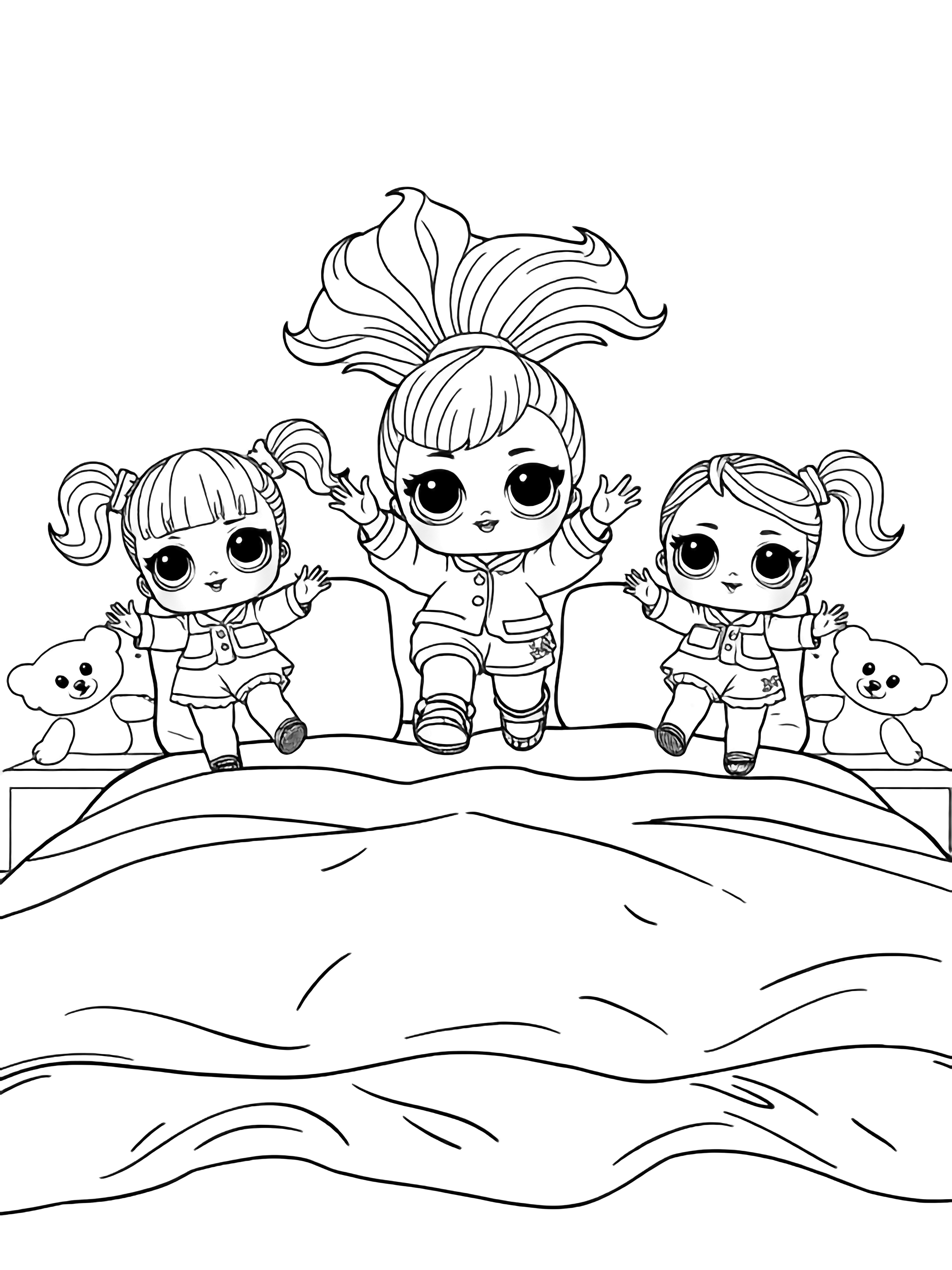 illustration on a Big bold outlines show three LOL Surprise dolls in pajamas mid jump on a giant bed hair bouncing; simple pillows teddy bears and rumpled blanket edges frame them leaving every shape open to color clean black kleurplaat