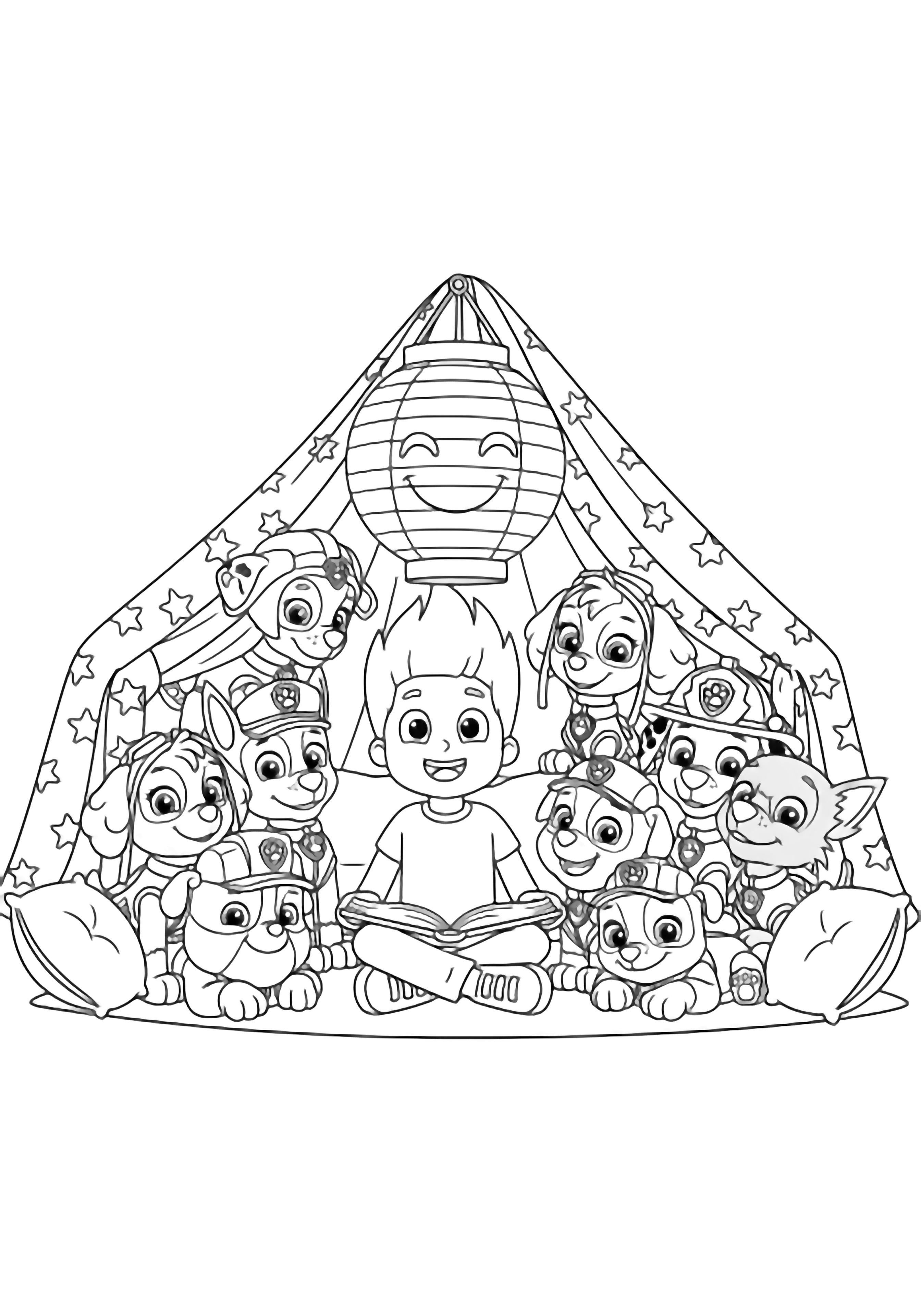 Ryder sits cross-legged reading while Chase, Marshall, Skye, Rubble, Rocky and Zuma snuggle around a glowing lantern inside a starry blanket fort piled with pillows. kleurplaat