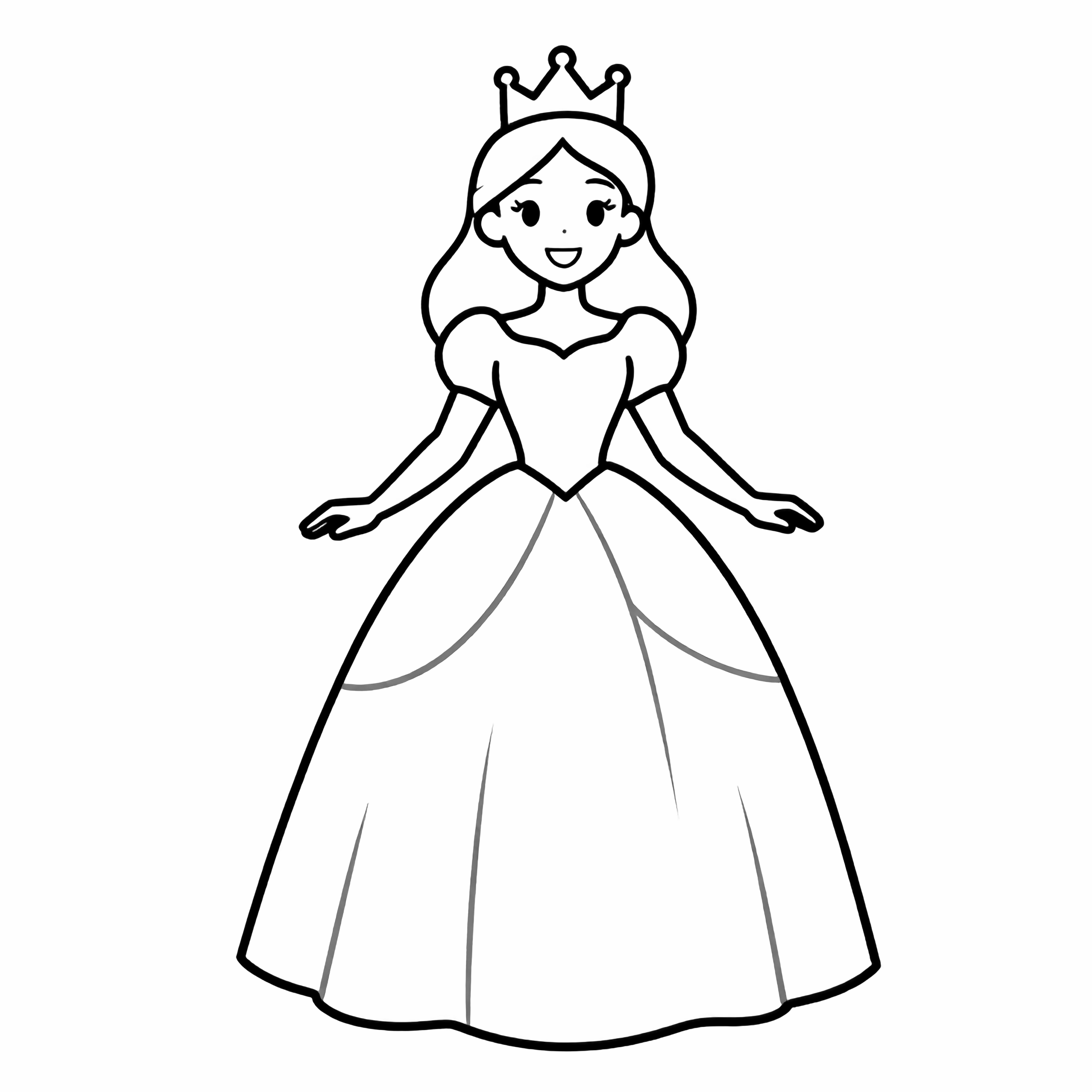 Glimlachende prinses in vloeiende jurk en kroon, armen licht gespreid, vriendelijk gezicht, minimale achtergrond kleurplaat