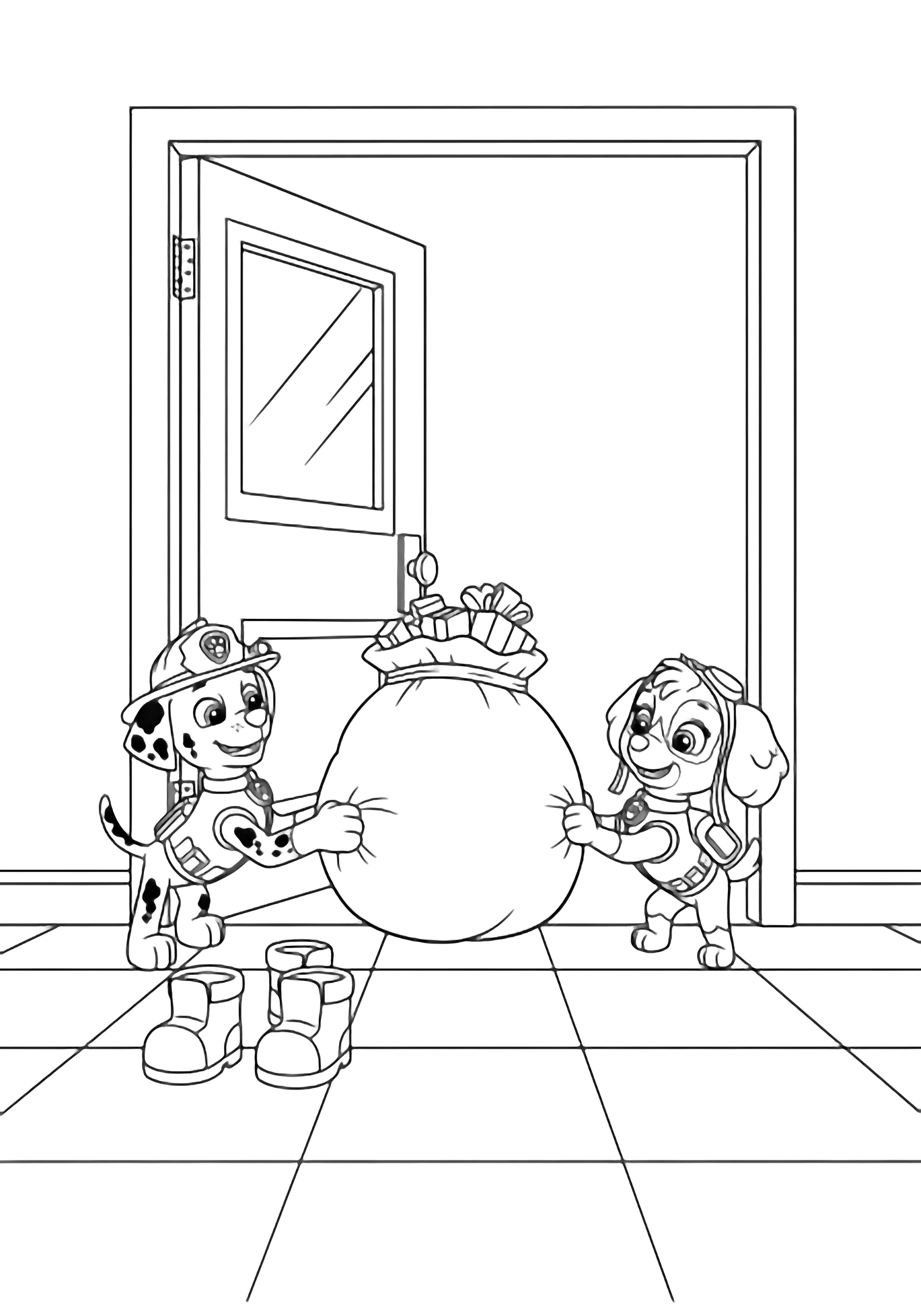 Marshall and Skye flank an open classroom door, shoving a huge gift sack; simple boots nearby, tiled floor, rectangular frame. kleurplaat