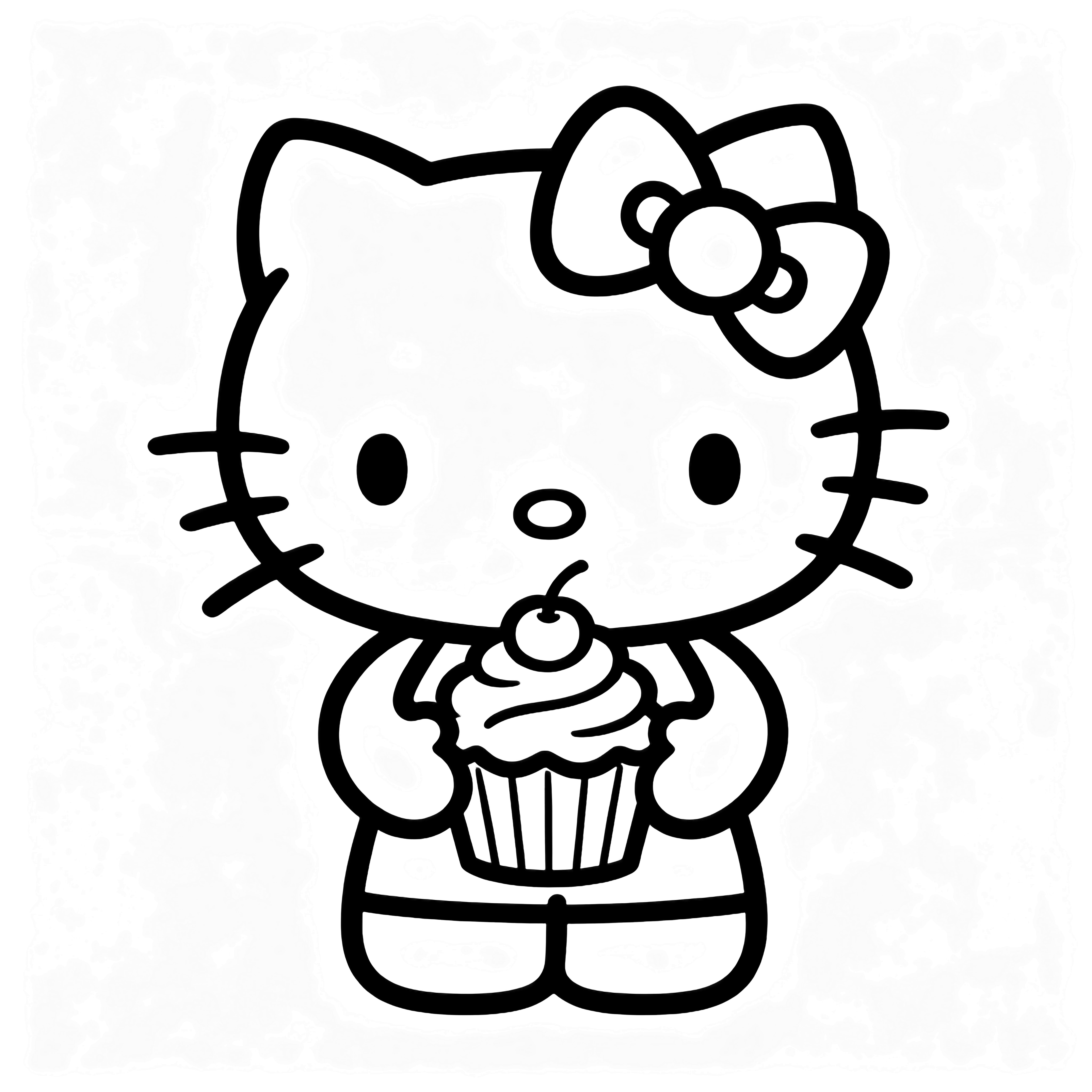 Hello Kitty stands centered, arms gently raised, holding a cupcake with a swirl peak and cherry on top. kleurplaat