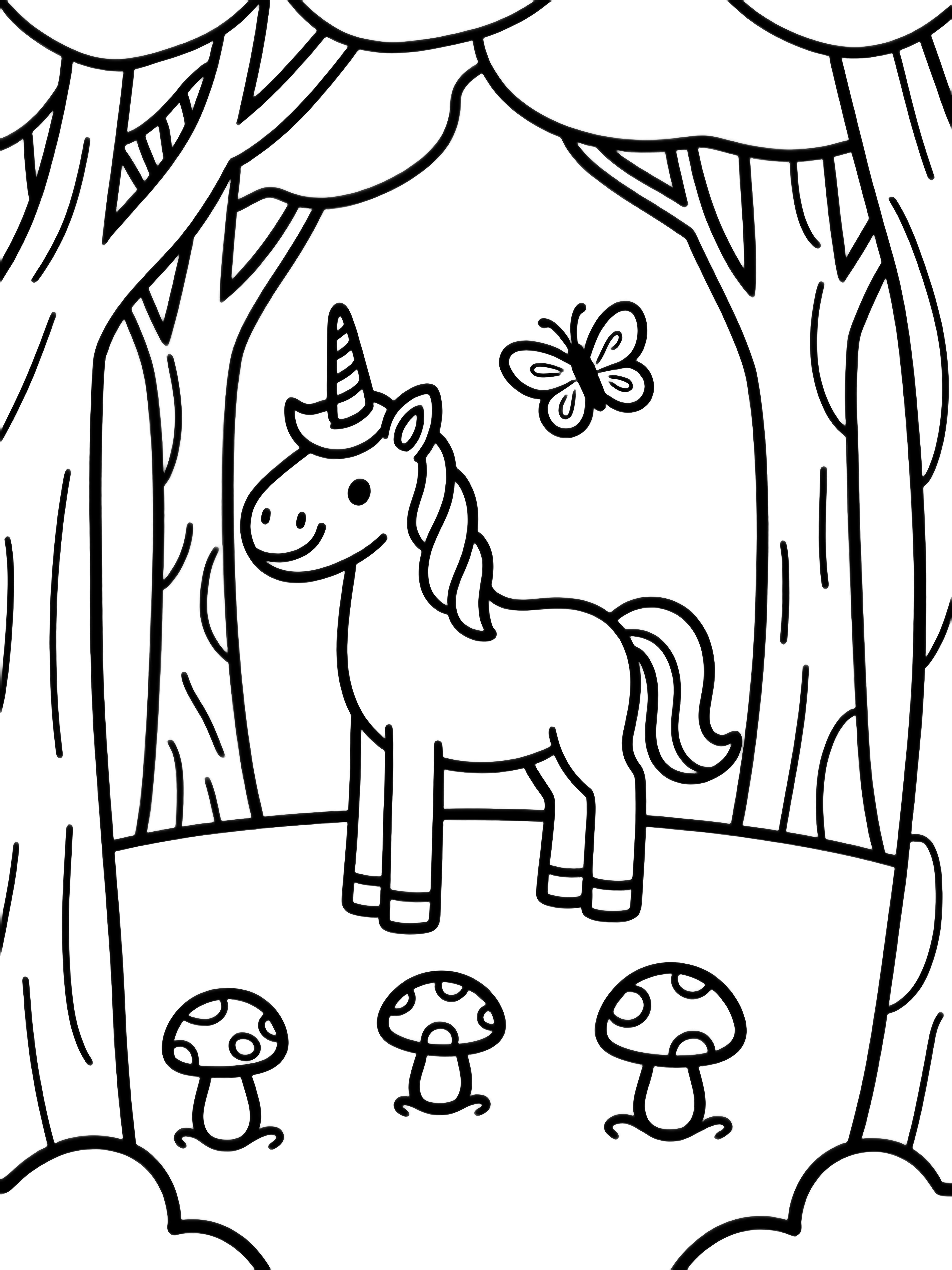 A smiling unicorn stands in a tiny forest clearing, butterflies above its mane, three round mushrooms at its hooves, trees framing the scene. kleurplaat