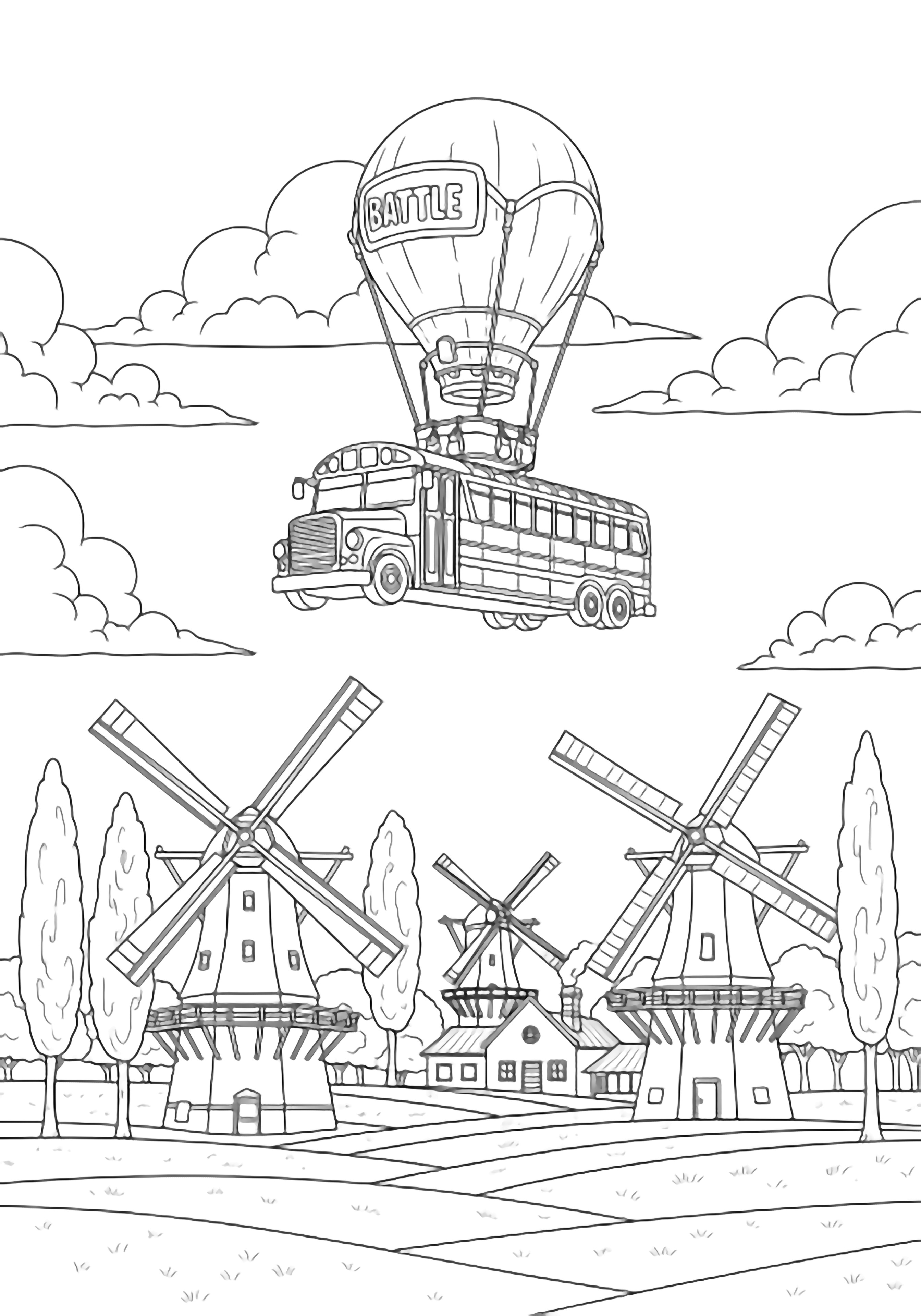 The Battle Bus drifts above a Dutch field with windmills, tall skinny trees, a farmhouse, and fluffy clouds. kleurplaat