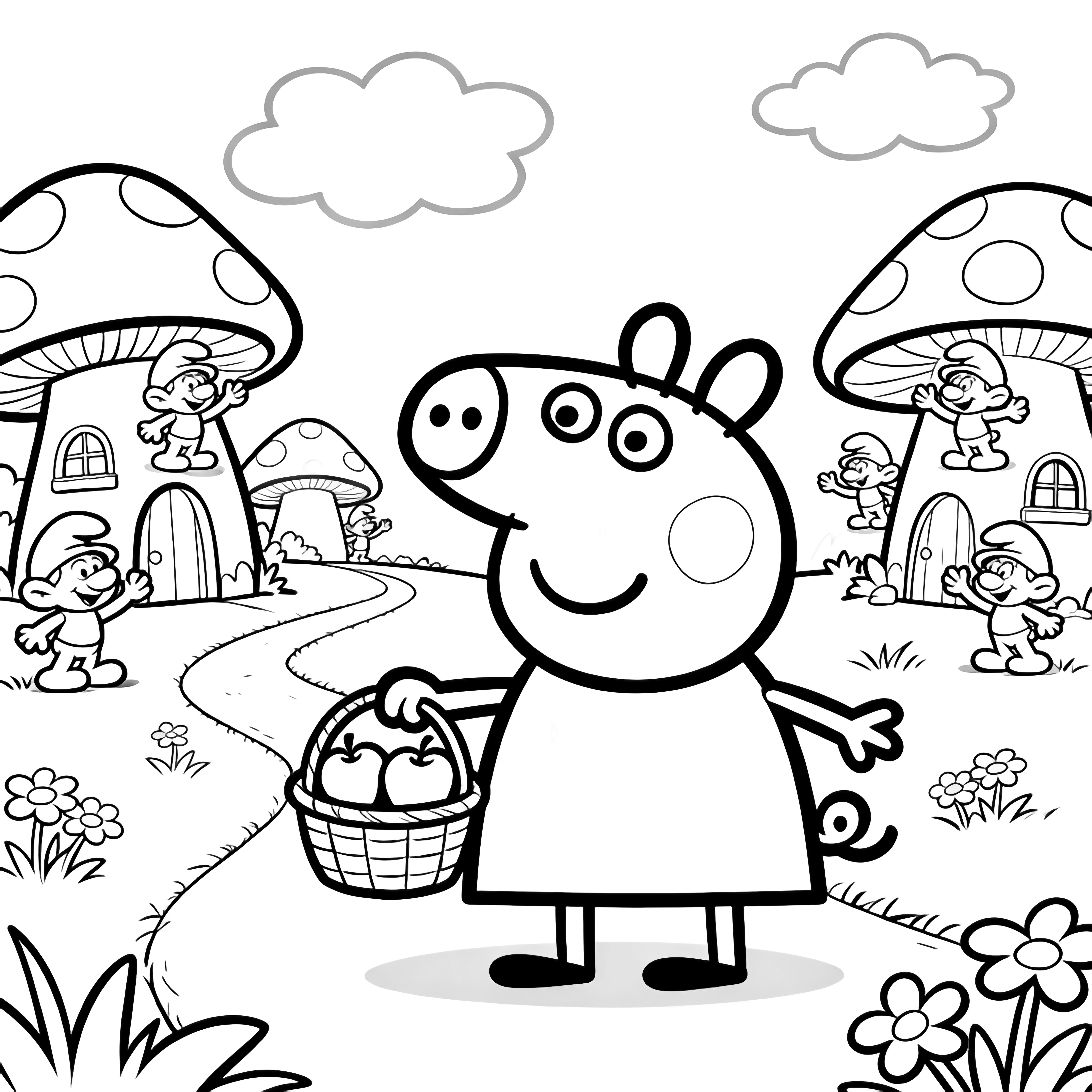 Peppa Pig smiles in Smurf Village holding an apple basket; tiny smurfs wave from mushroom houses, clouds above, simple path and flowers. kleurplaat