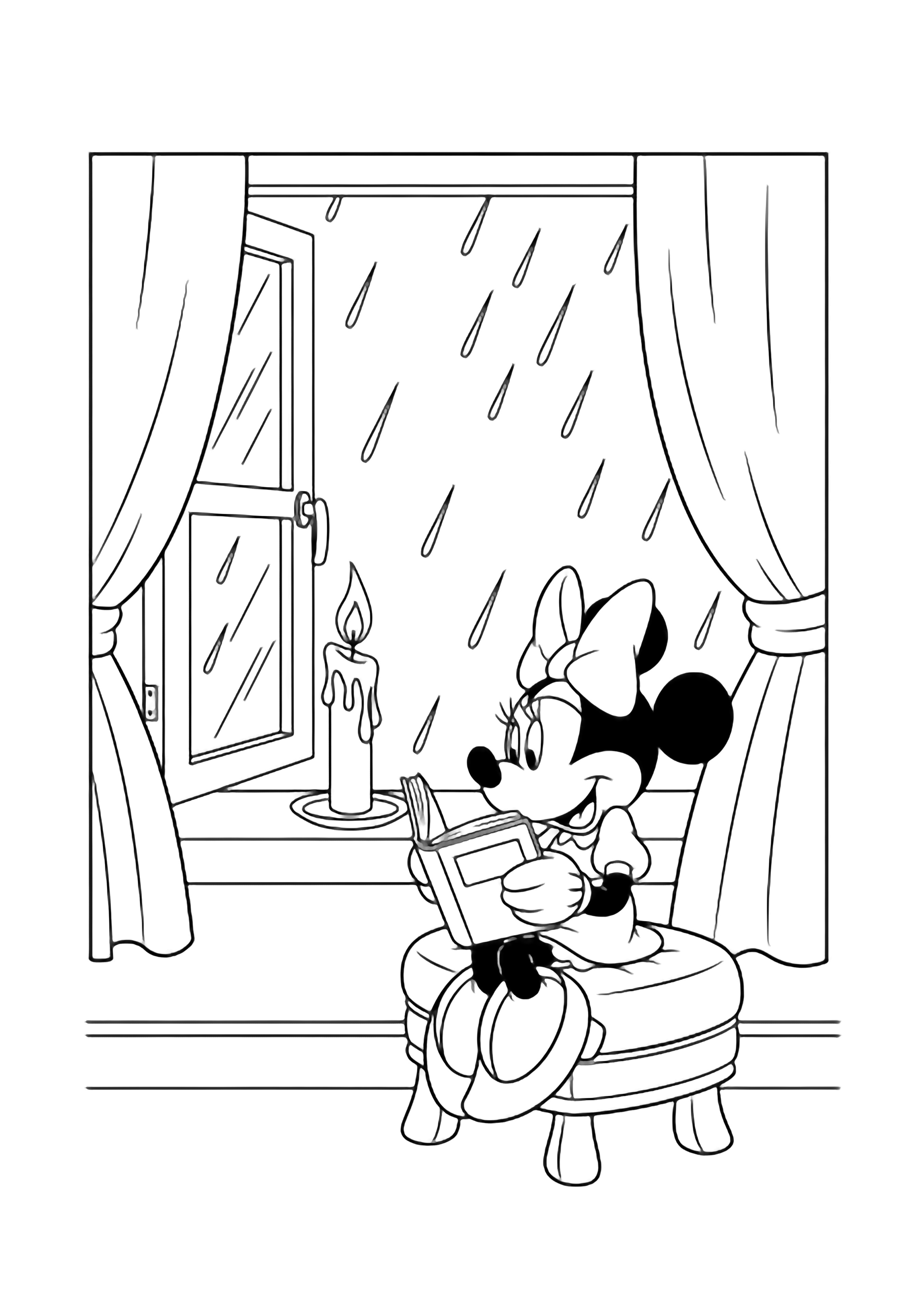 Minnie Mouse sits on a cushioned stool reading, rain streaks past an open window, a tall-flamed candle on the sill, simple curtains frame the cozy scene. kleurplaat