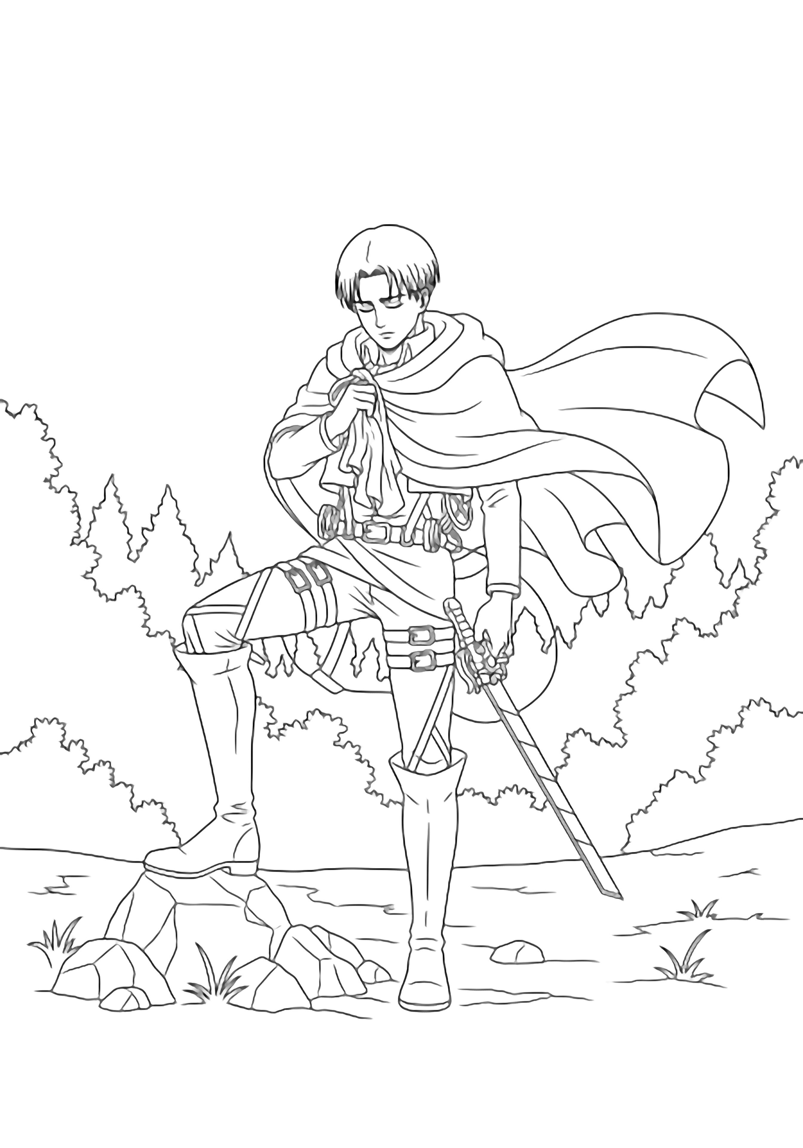 Levi stands with one boot on a rock, wiping his slim sword; his dark hair parts in two lines, cape billows, simple forest floor and distant trees behind. kleurplaat