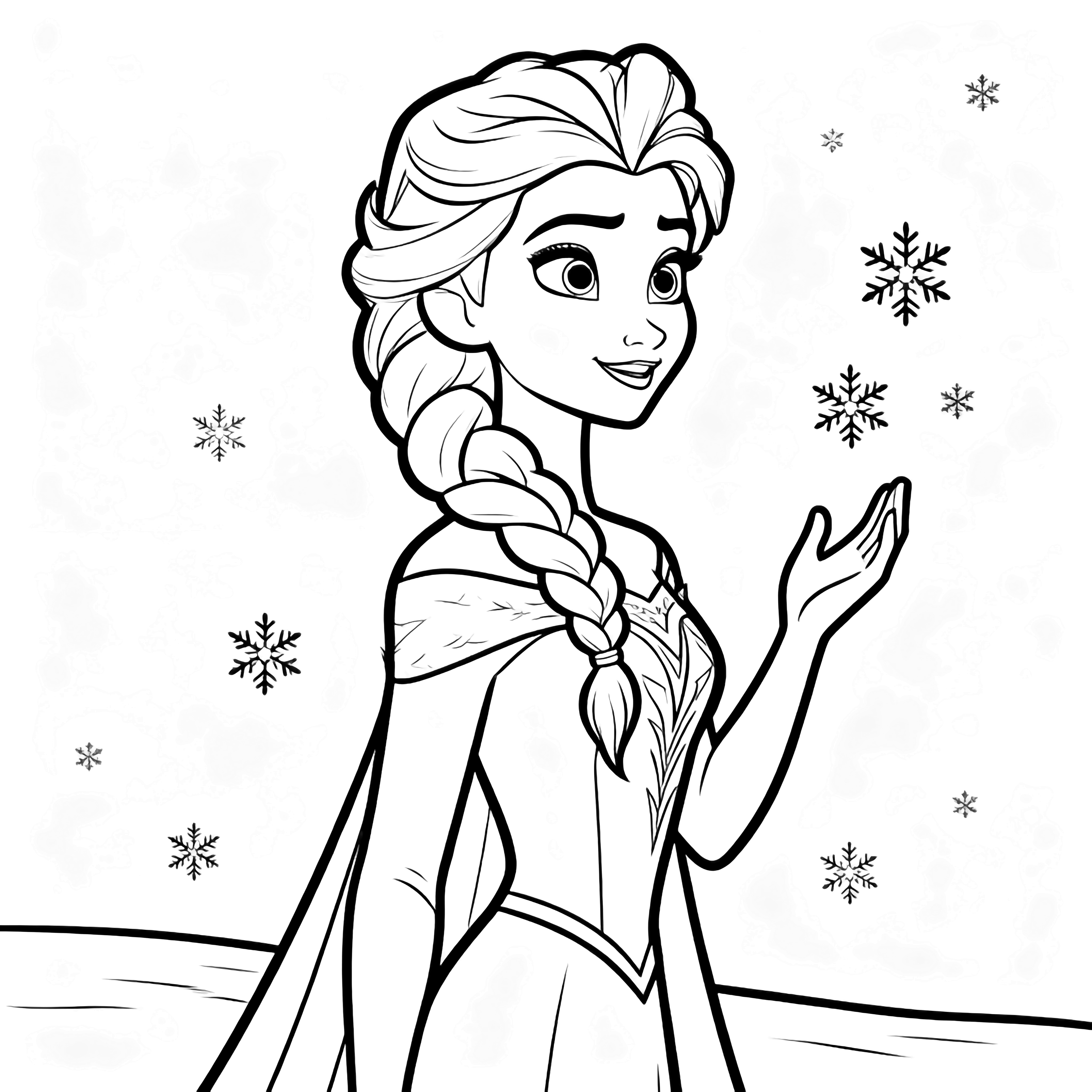 Elsa stands sideways, braid curving down her back, one hand lifted, snowflakes drifting around her; plain ground, empty sky. kleurplaat