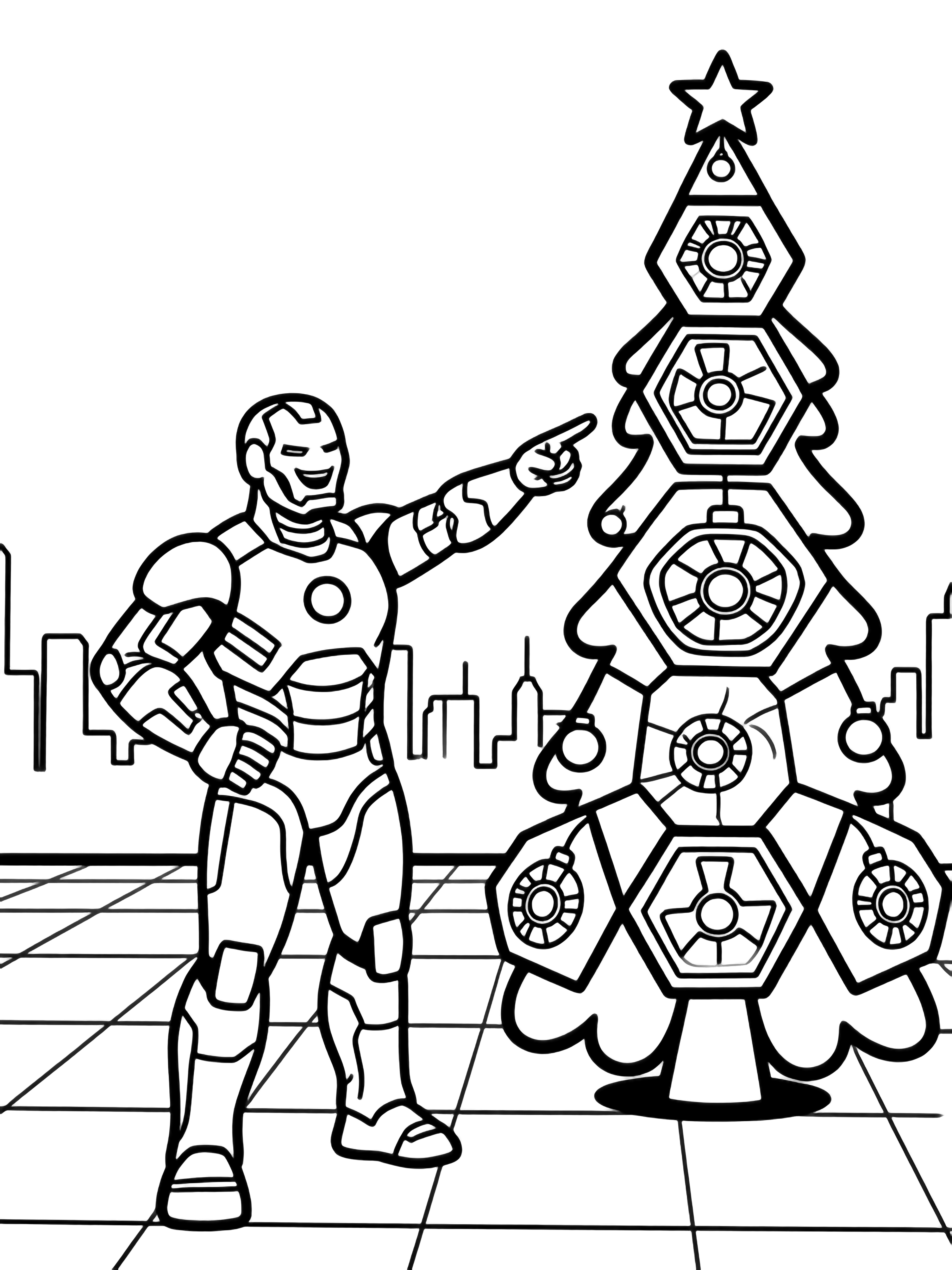 Iron Man smiles, hand on hip, pointing at a towering Christmas tree made of stacked hexagon arc-reactor ornaments, with tiled floor and distant city skyline. kleurplaat