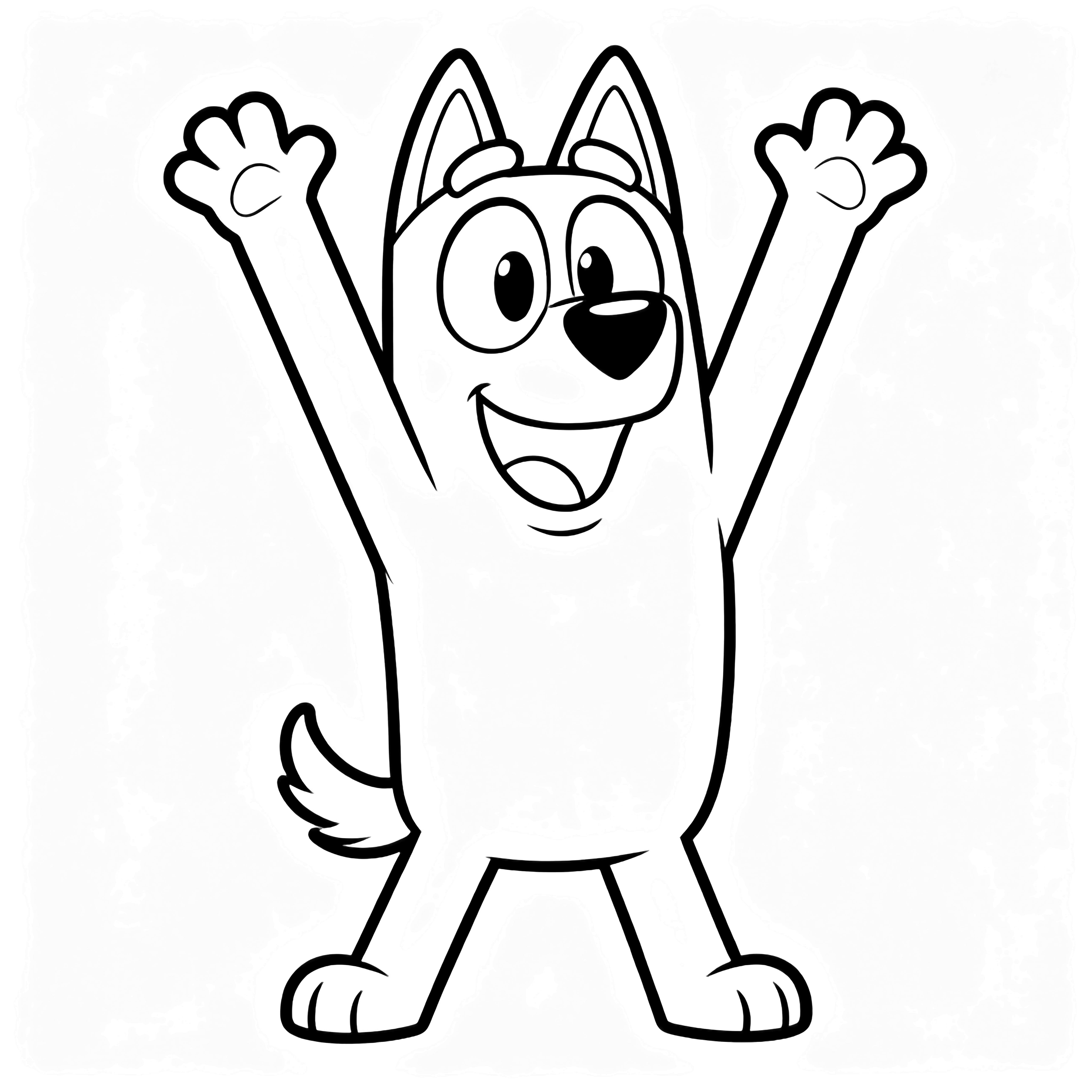 Bluey the pup stands frontally, mouth open in a big smile, both forepaws raised high, floppy ears, curled tail, sturdy legs apart. kleurplaat