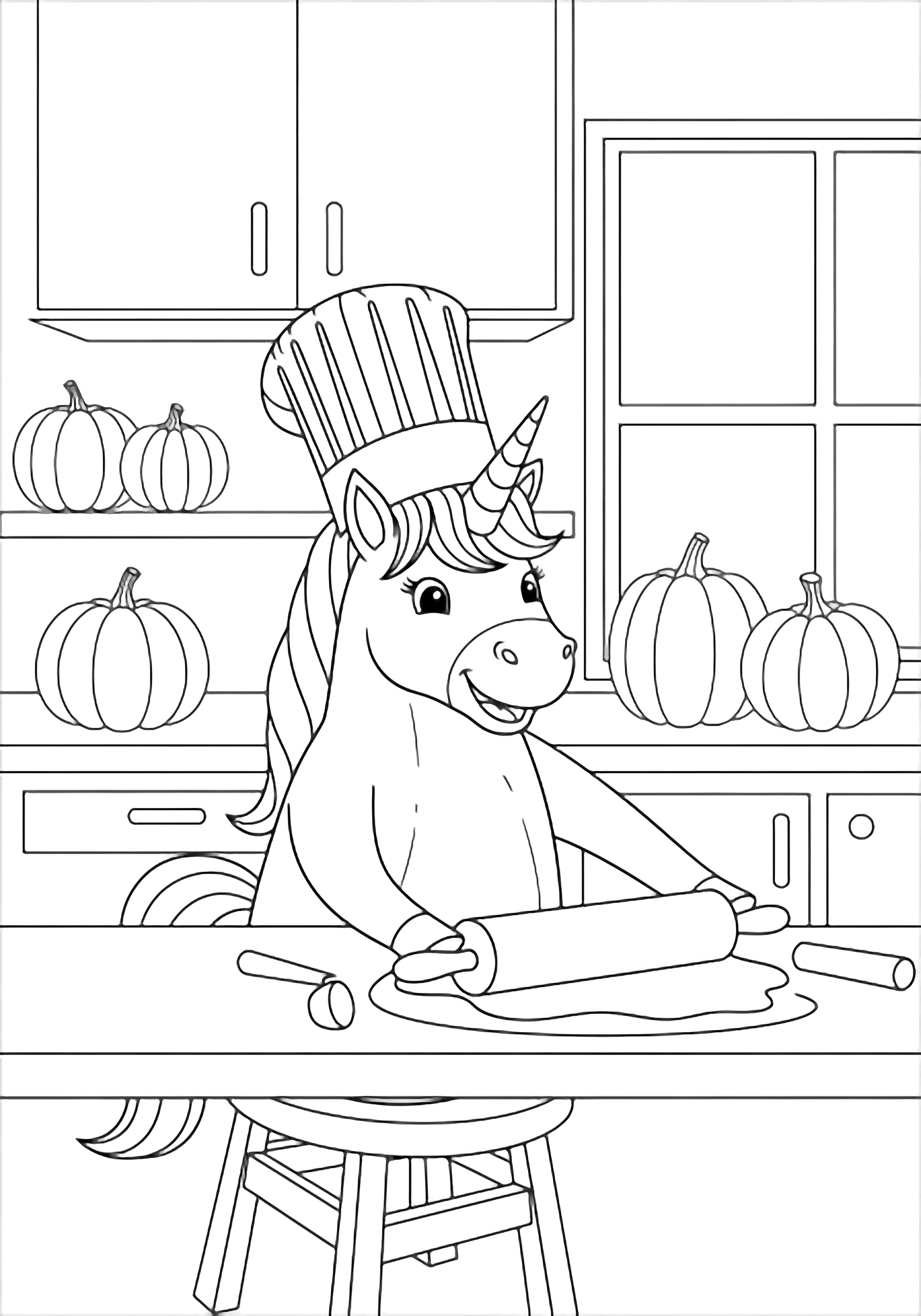 A smiling unicorn in a chef's hat rolls cookie dough on a kitchen counter; pumpkins rest on shelves and the windowsill. kleurplaat
