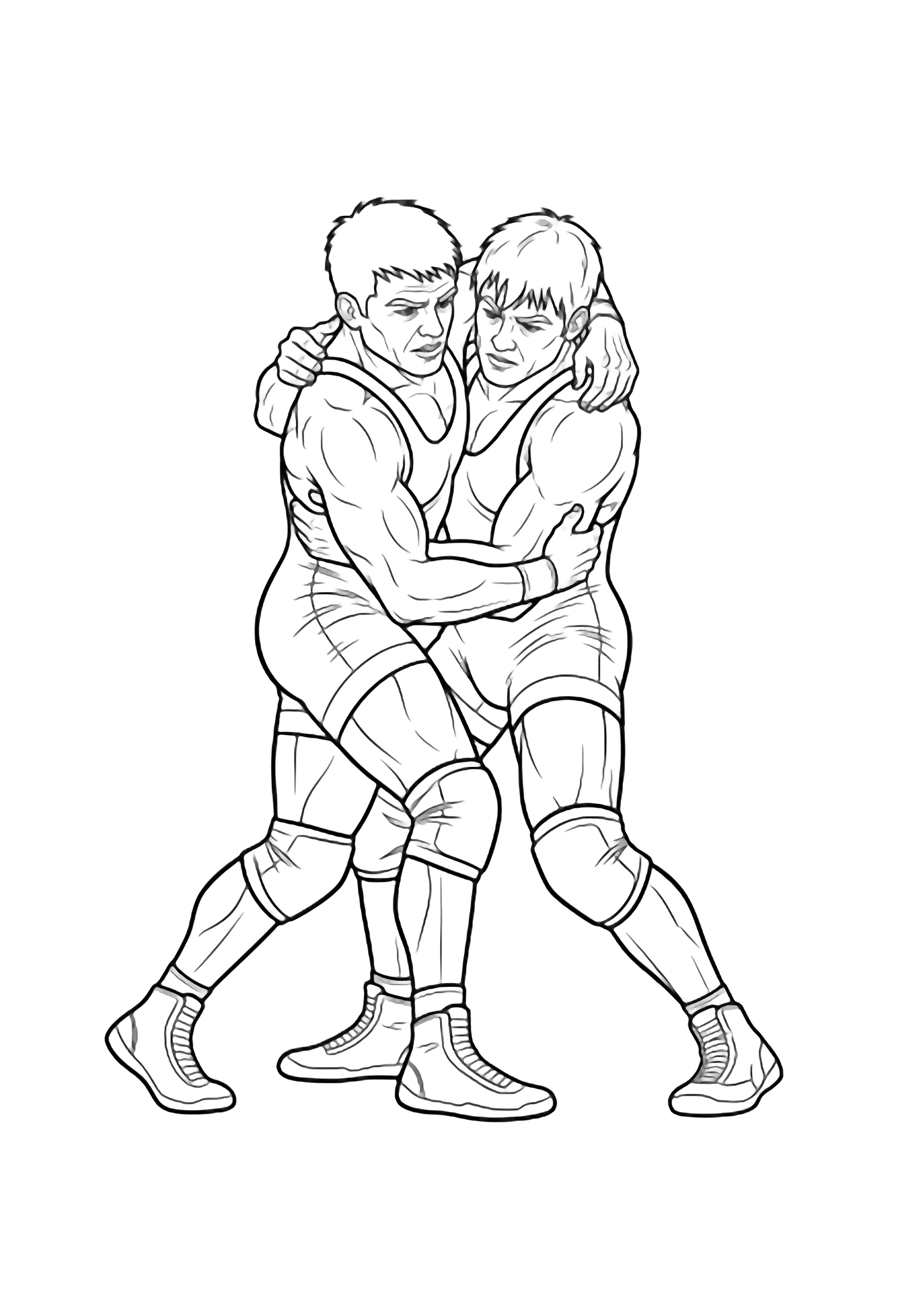 Two wrestlers entwined in a classic hold, limbs locked, on a plain white background. kleurplaat