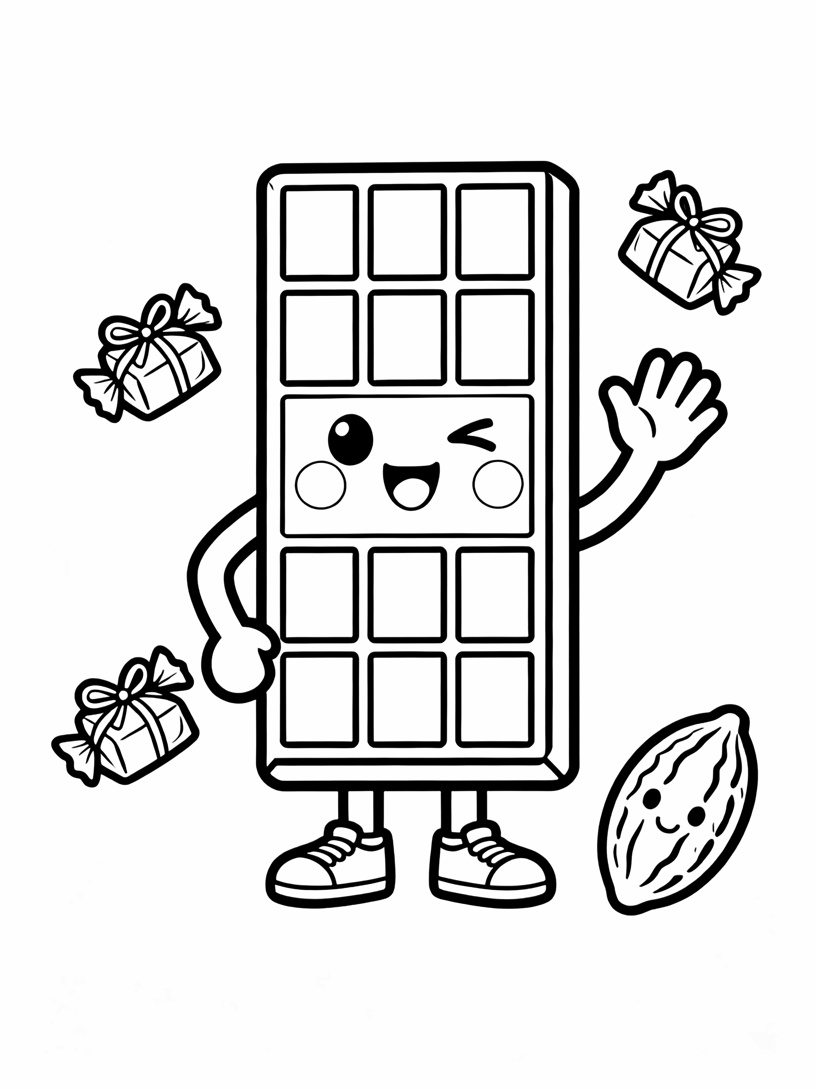 チョコちゃん、ウインクした顔、手を振り、ほっぺが赤く、スニーカーを履いたかわいいチョコレートバーで、包まれたチョコレート三個と微笑むカカオ豆に囲まれている。 kleurplaat