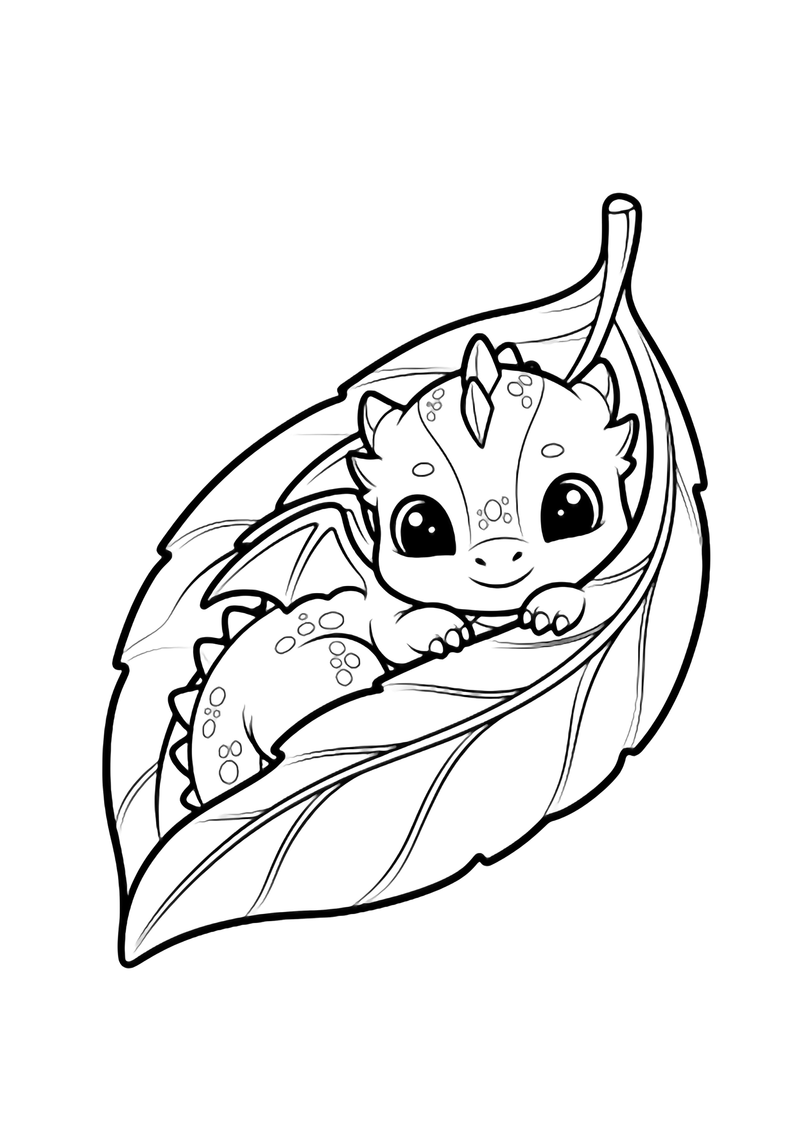 A tiny dragon snuggled inside an oversized leaf that wraps around it like a blanket, with big happy eyes. kleurplaat