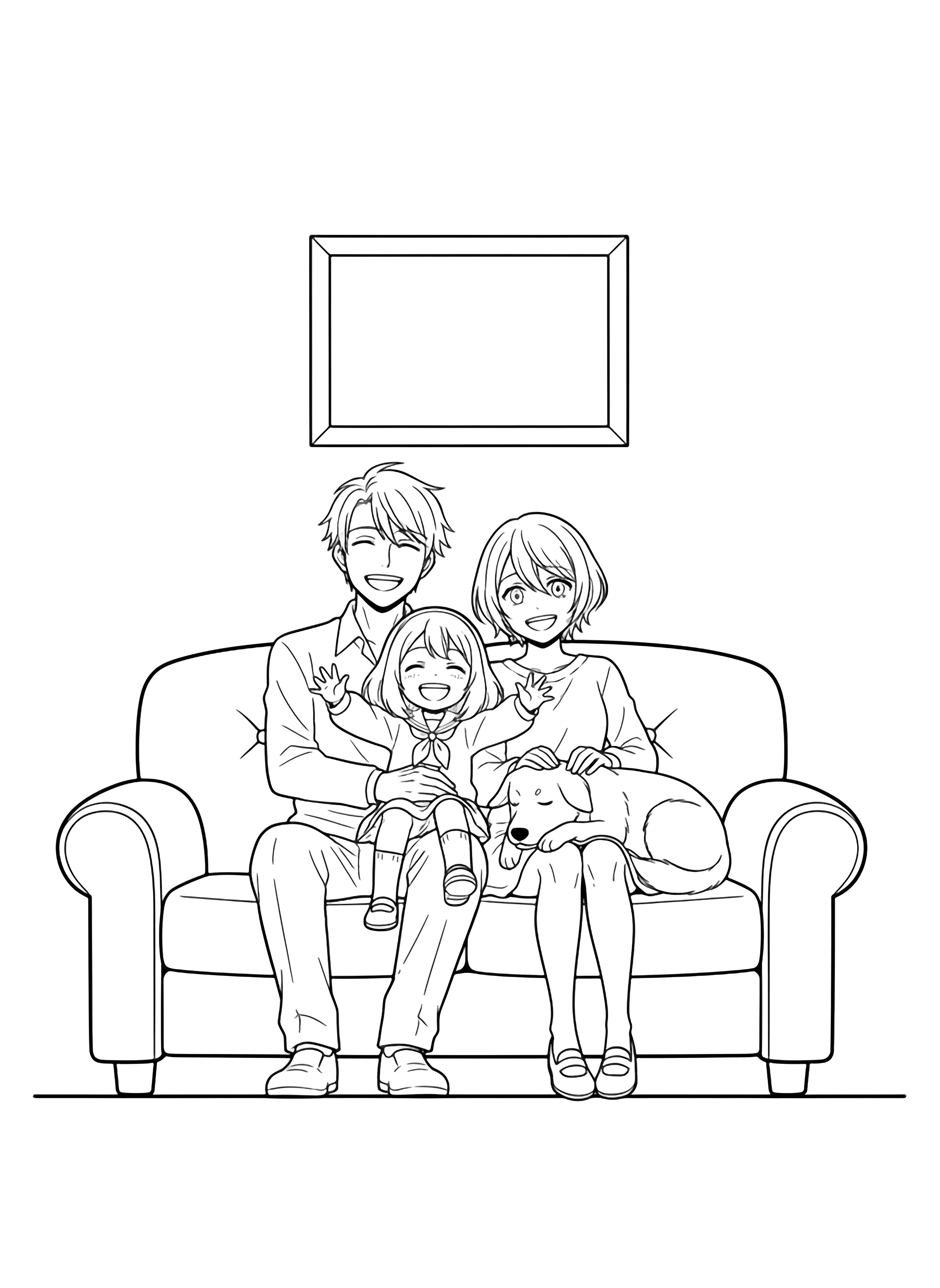 Loid, Yor, Anya and Bond sit together on a sofa, smiling beneath a picture frame on the wall. kleurplaat