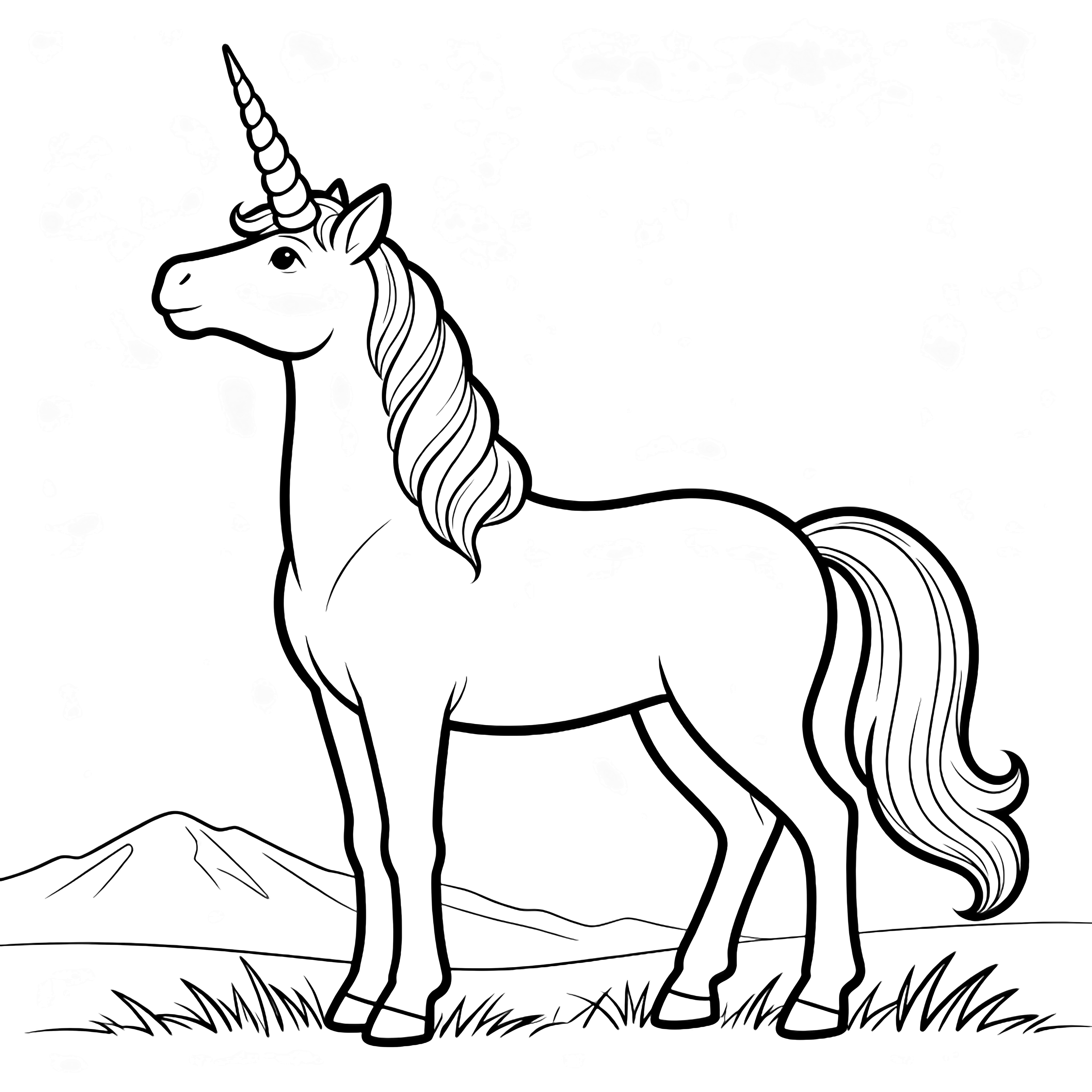 A proud unicorn stands in profile, head raised, spiral horn gleaming, mane and tail flowing; simple grass line and distant mountain outline. kleurplaat