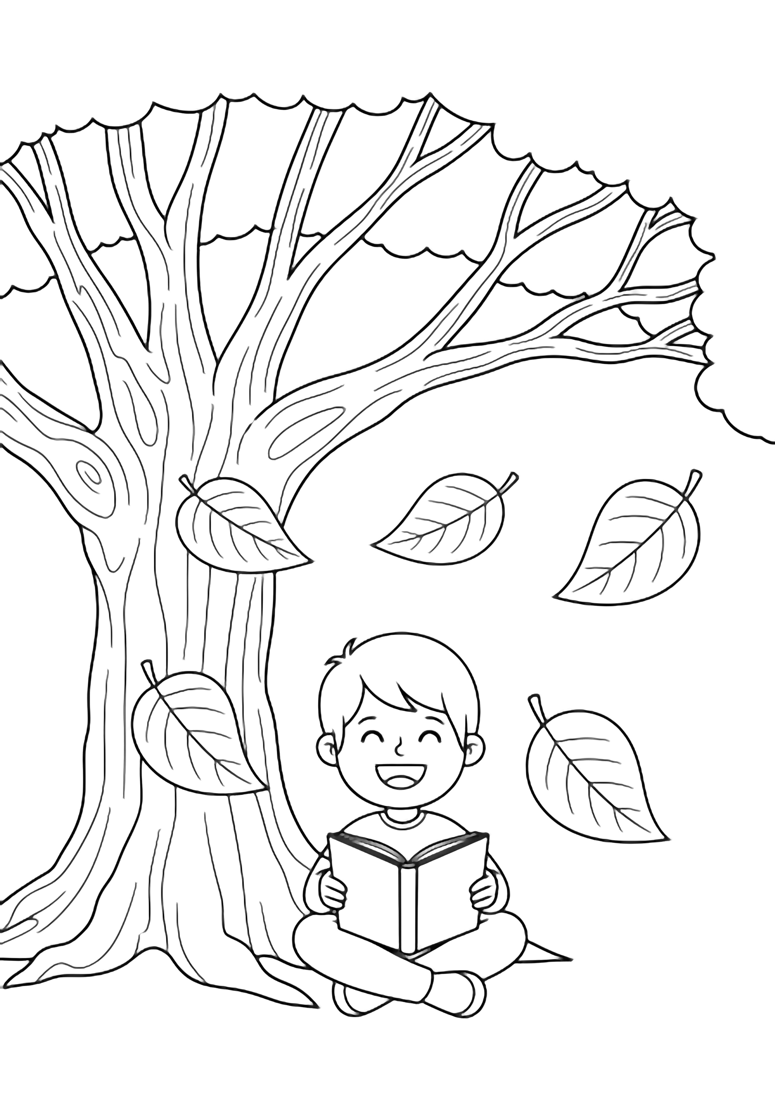 A smiling child sits cross-legged beneath a big tree, reading an open book while large leaves drift around them. kleurplaat