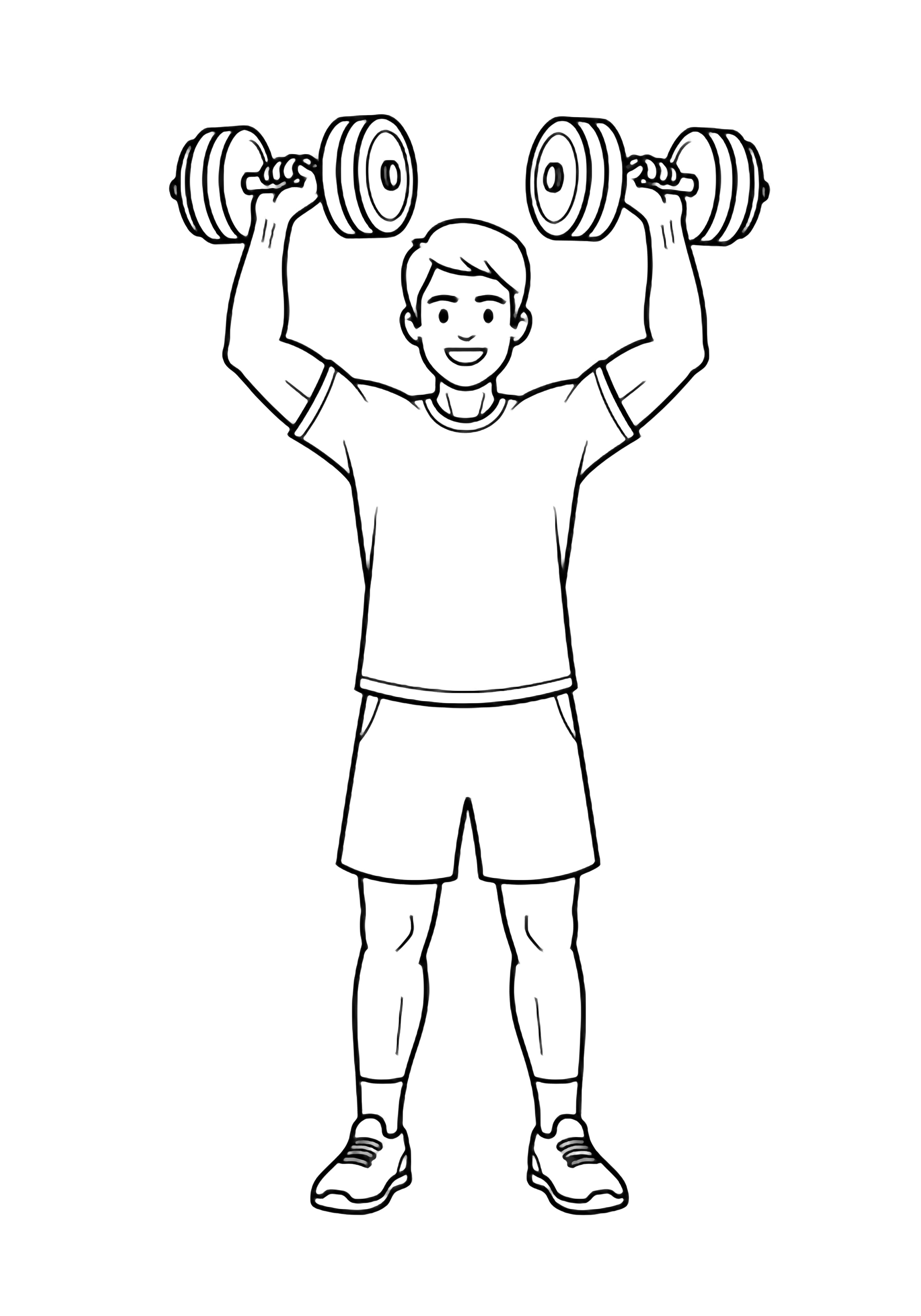 Smiling person stands center-page lifting dumbbells overhead, arms bent, legs straight, wearing simple gym clothes. kleurplaat