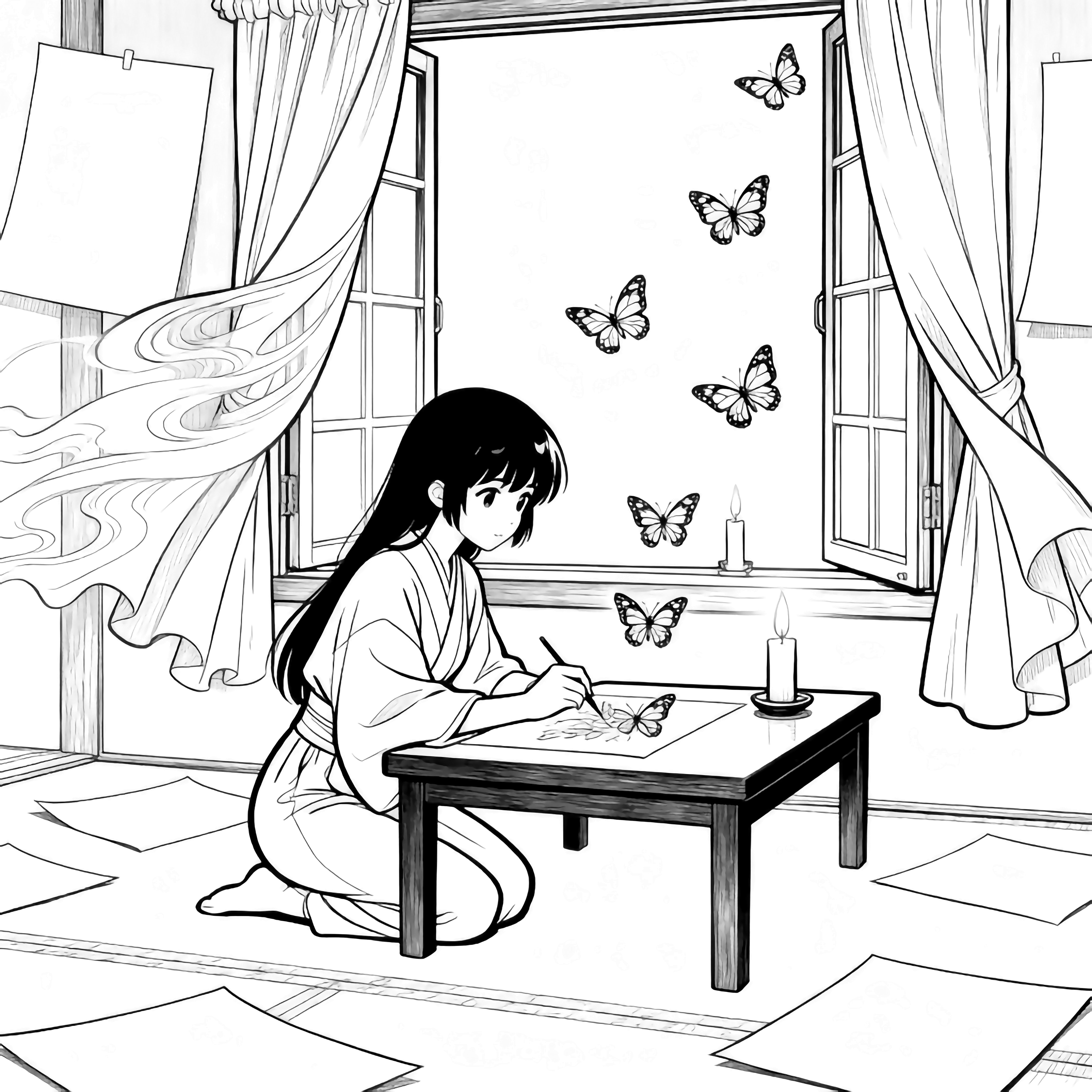 Shinobu kneels at a low table sketching butterflies that dance around her beside an open window, candle and drifting curtains completing the tranquil room. kleurplaat