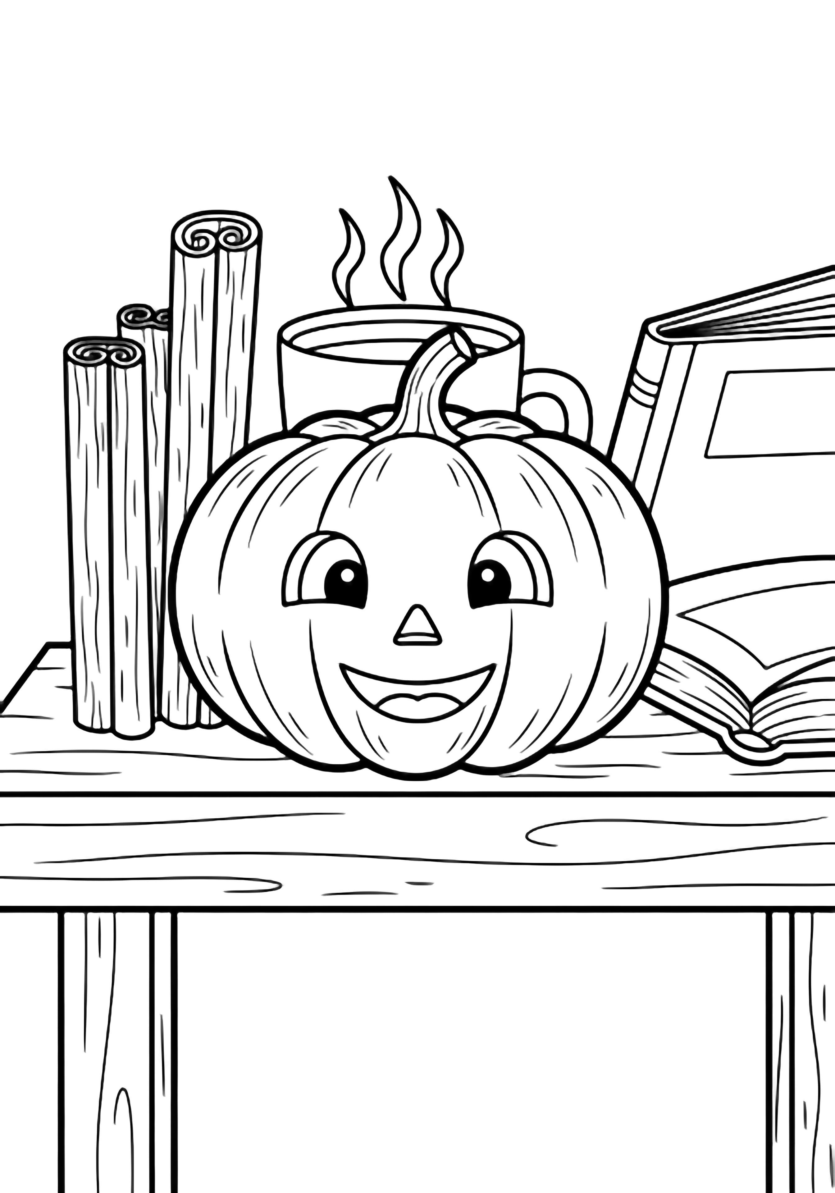 A cheerful pumpkin on a sturdy table, flanked by cinnamon sticks, open books and a steaming mug. kleurplaat