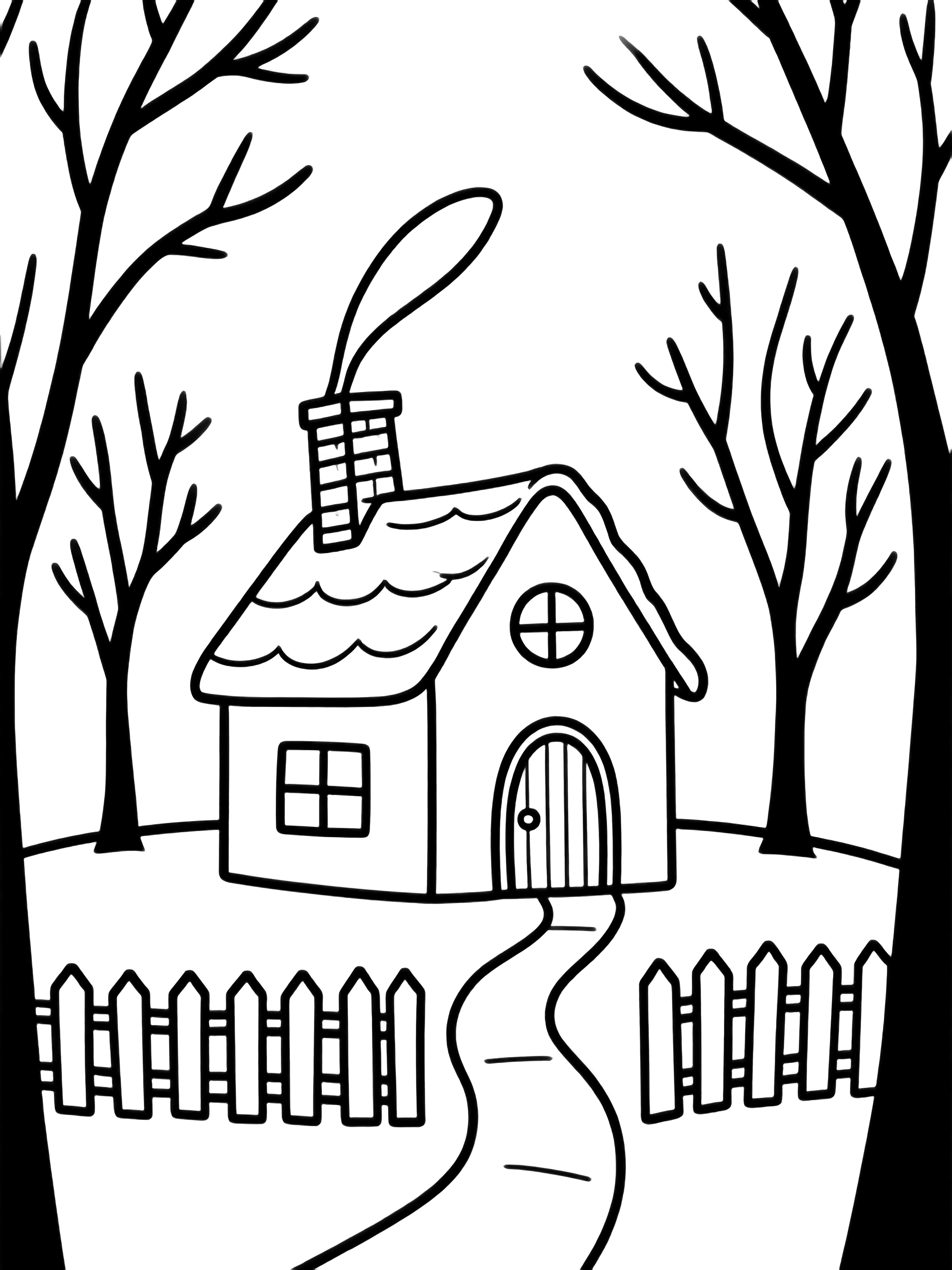 A crooked-chimney cottage with blank windows and an arched door sits among spindly bare-branched trees, flanked by a picket fence and a winding path. kleurplaat