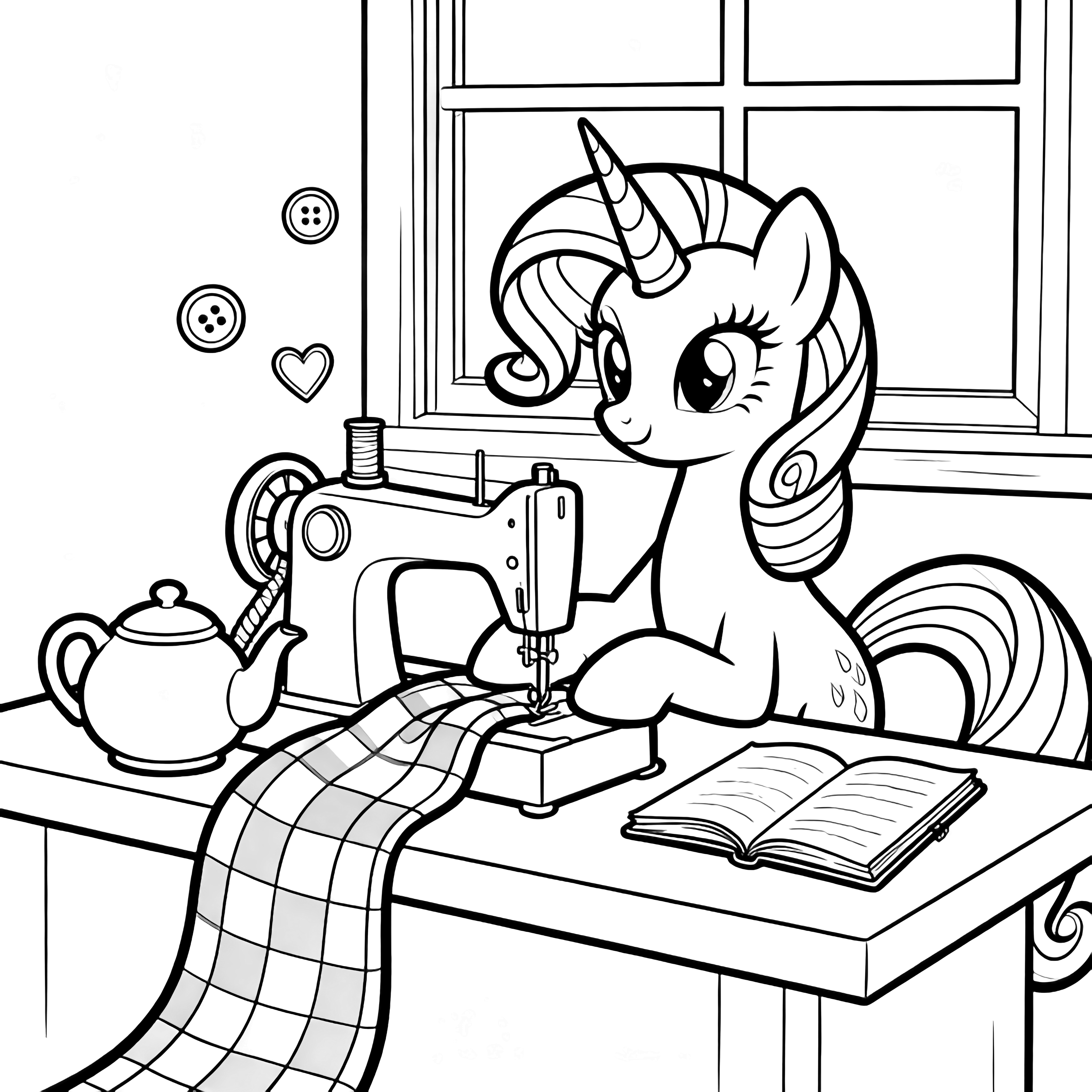 Rarity zit aan een naaimachine, haar staart eromheen gewikkeld; een theepot, een open schetsboek en een geruite sjaal liggen op de tafel terwijl hartvormige knoopjes eromheen zweven, omlijst door een netjes kaderend raam. kleurplaat
