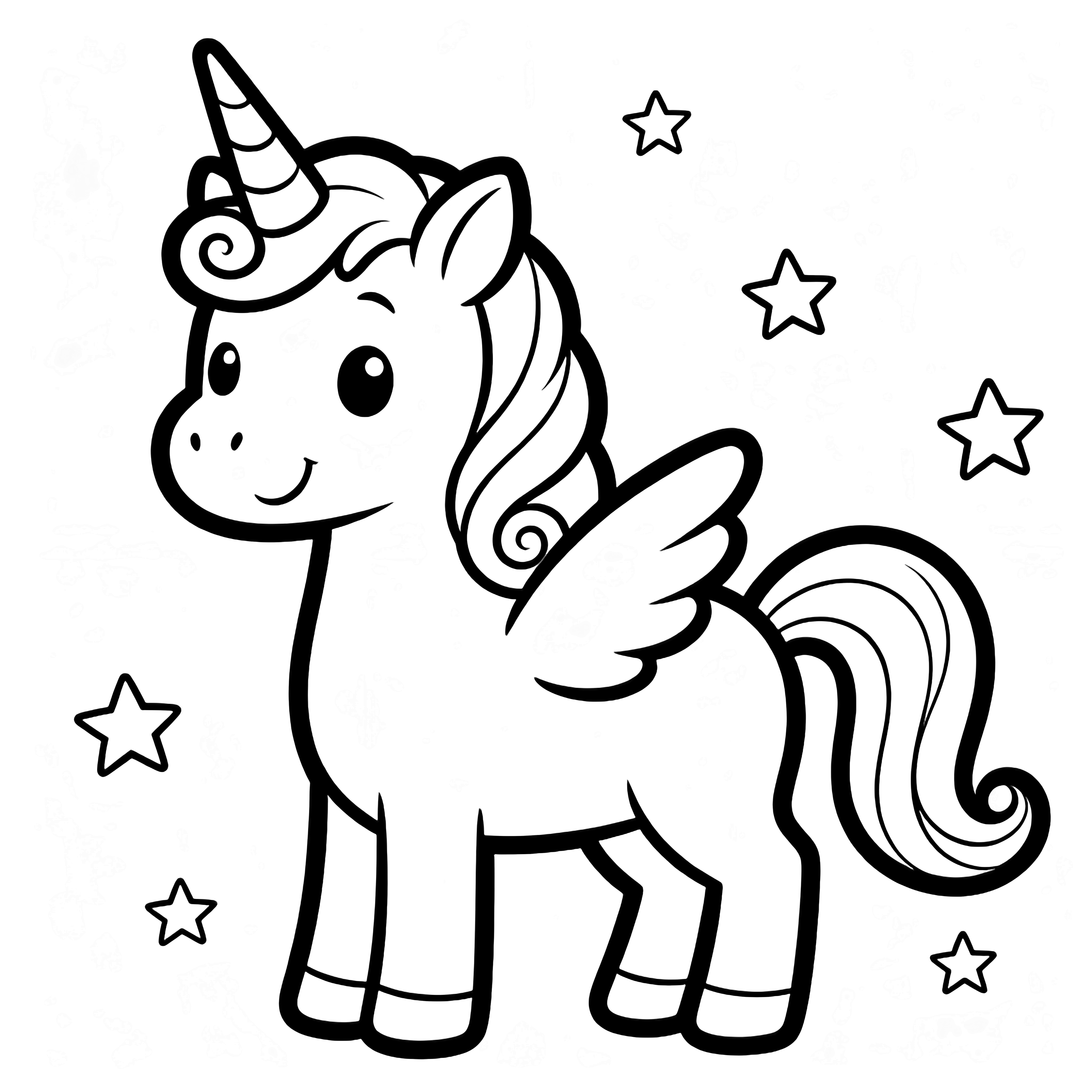 A smiling unicorn with folded wings, flowing spiral mane and tail, surrounded by twinkling stars. kleurplaat