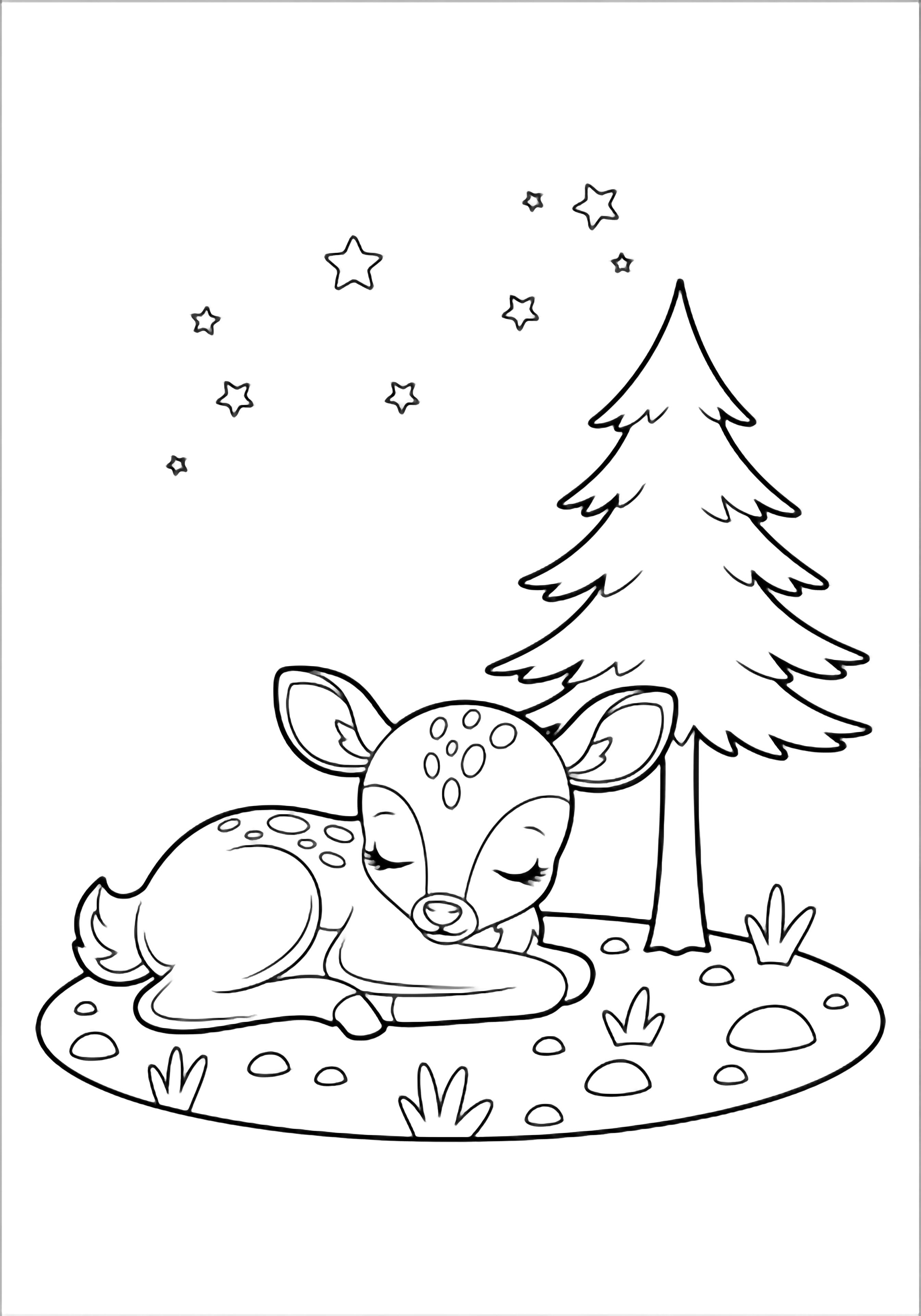 A sleeping fawn nestles against a pine on a forest floor sprinkled with tiny stars. kleurplaat