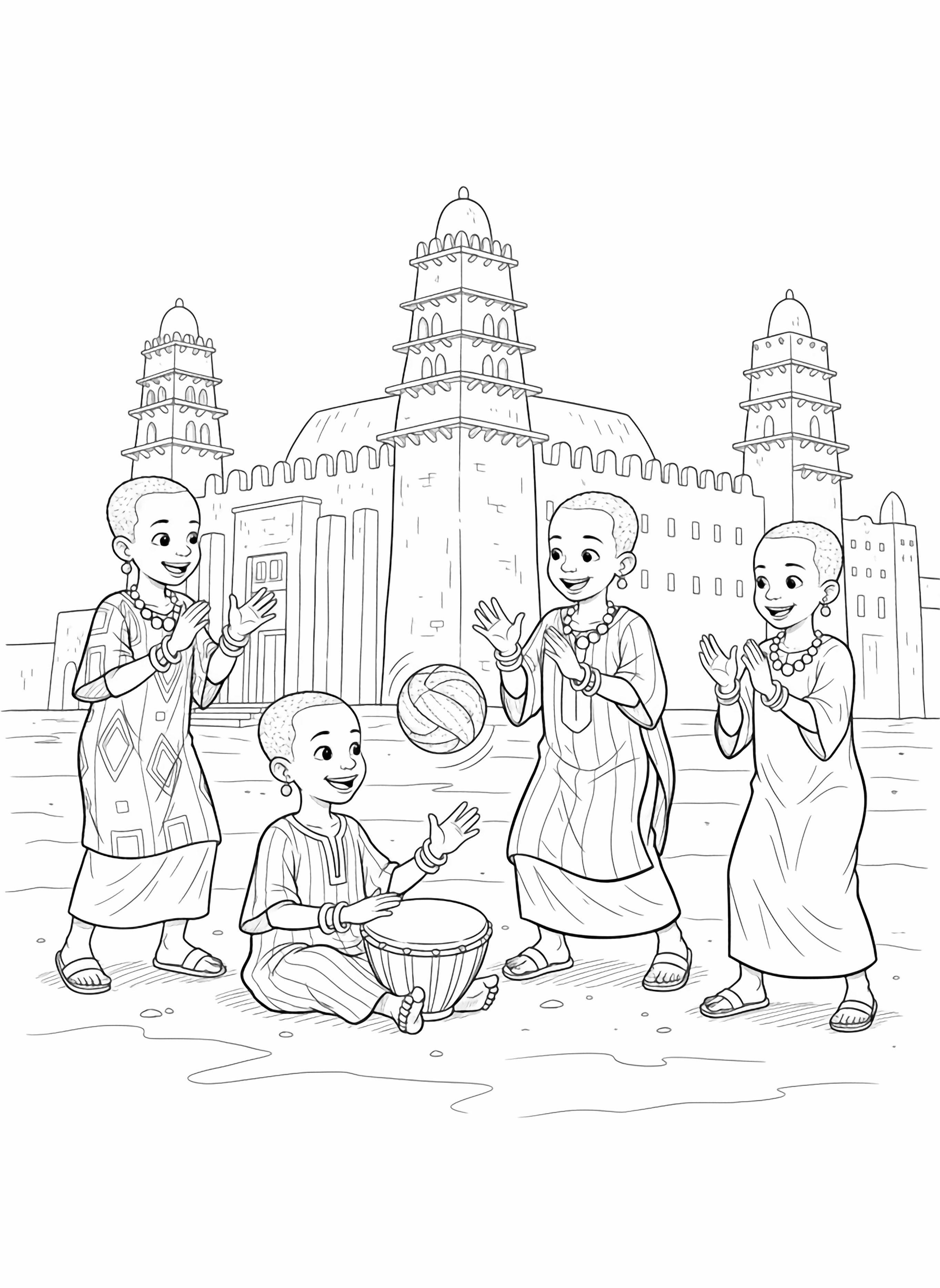 A black and white page showing cheerful children in ancient Mali The children wear simple traditional robes with geometric patterns and beaded jewelry They're playing a lively game with a handmade ball near the famous mud brick mosque of Djenn with its distinctive towers and pillars One child is playing a small drum while others clap clean black and white line drawing minimal shading no colour no fill kleurplaat