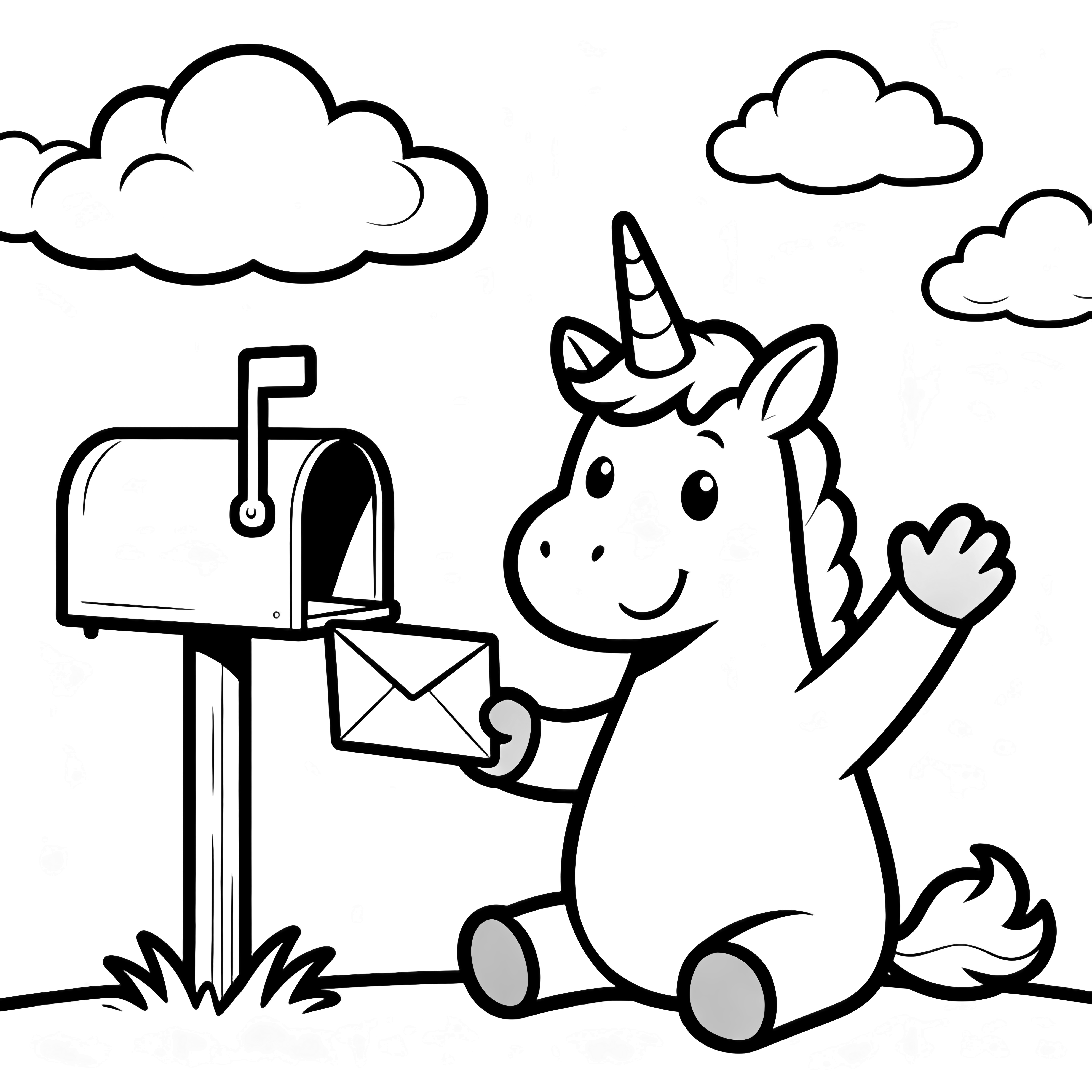 A smiling unicorn sits by a mailbox, holding an open card and waving, with fluffy clouds above. kleurplaat