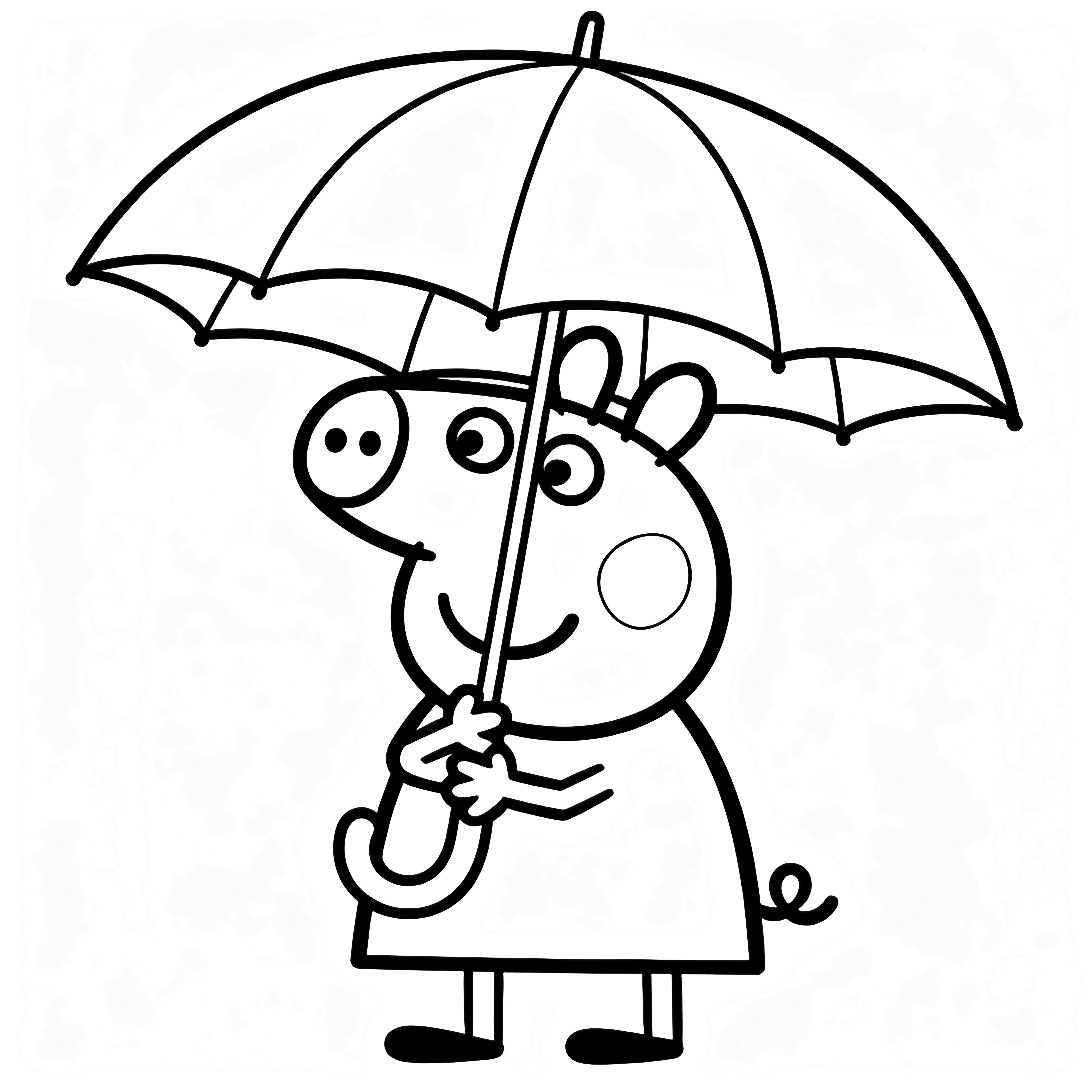 Peppa Pig staat glimlachend, met een open paraplu in beide handen. kleurplaat